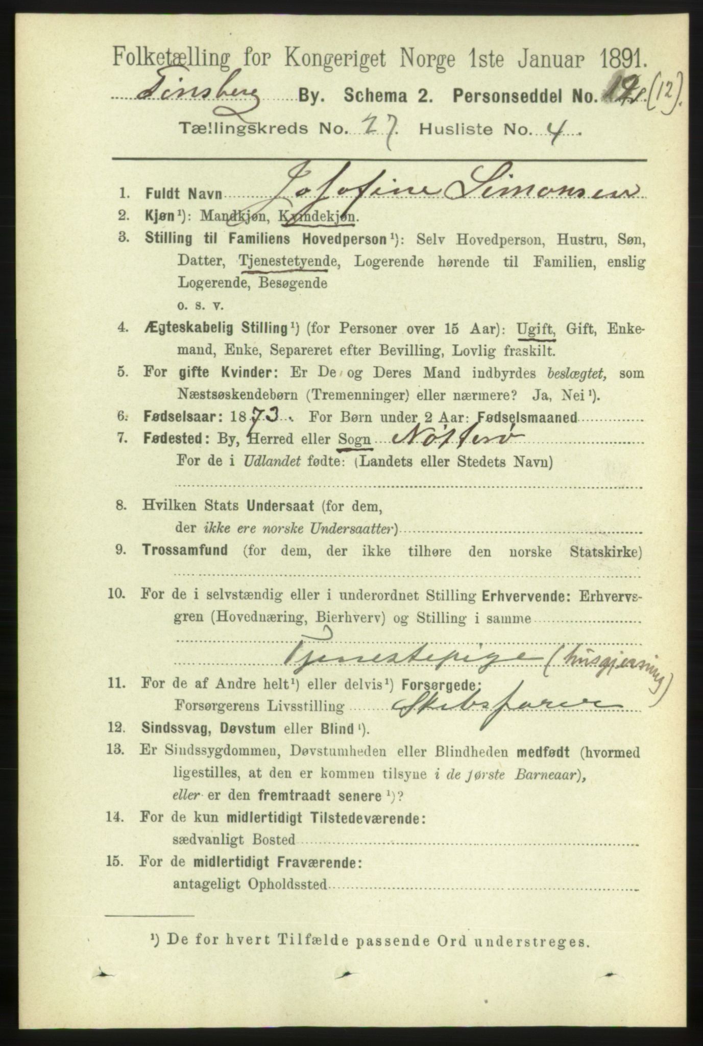 RA, 1891 census for 0705 Tønsberg, 1891, p. 6813