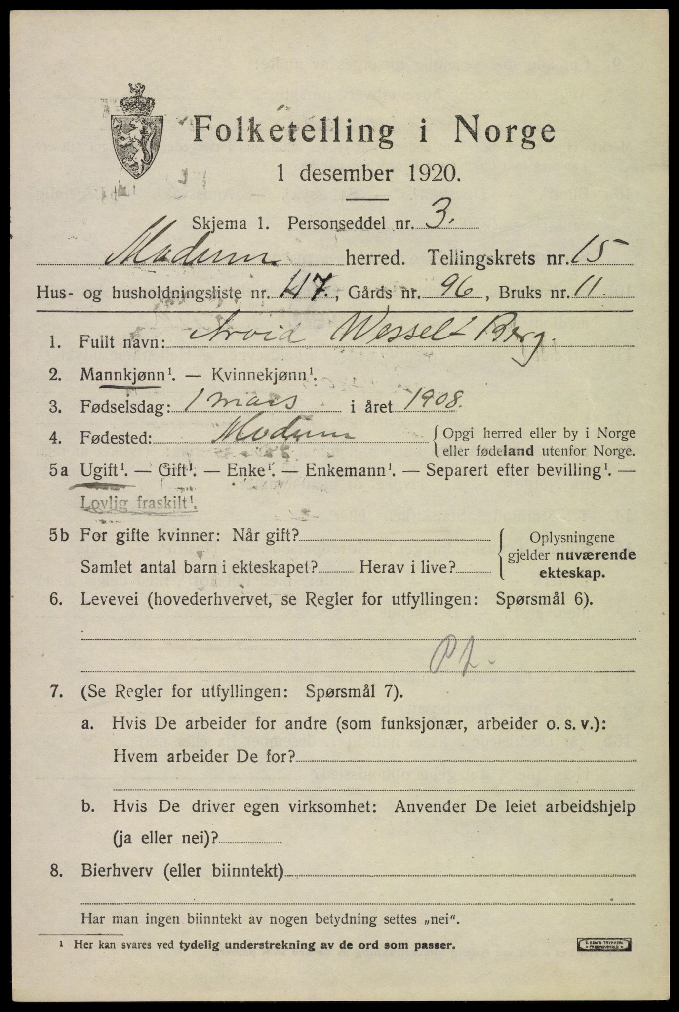 SAKO, 1920 census for Modum, 1920, p. 19407