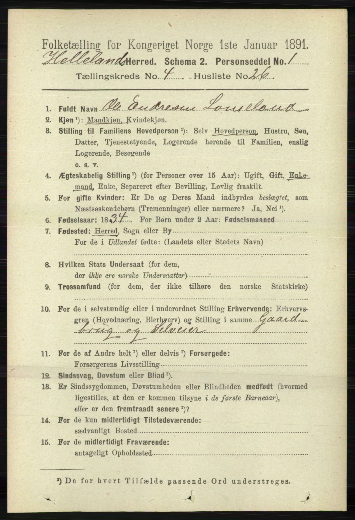 RA, 1891 census for 1115 Helleland, 1891, p. 1316