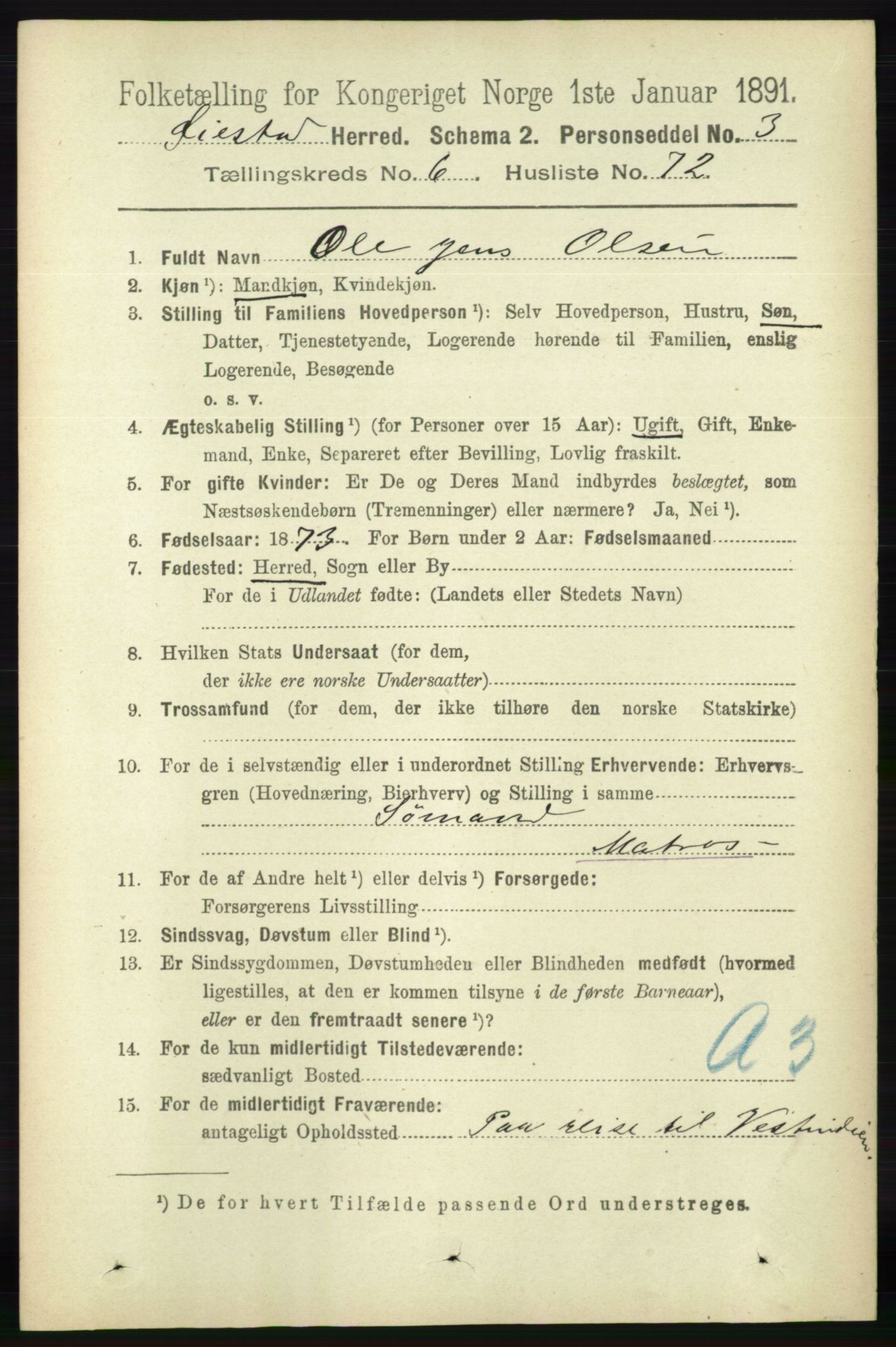 RA, 1891 census for 0920 Øyestad, 1891, p. 2543