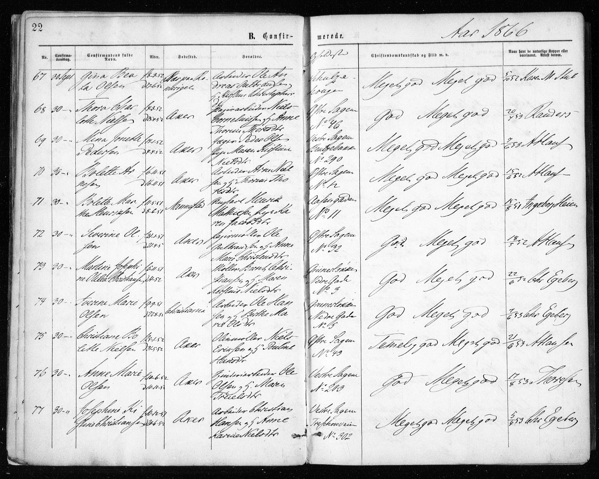 Gamle Aker prestekontor Kirkebøker, AV/SAO-A-10617a/F/L0003: Parish register (official) no. 3, 1865-1873, p. 22