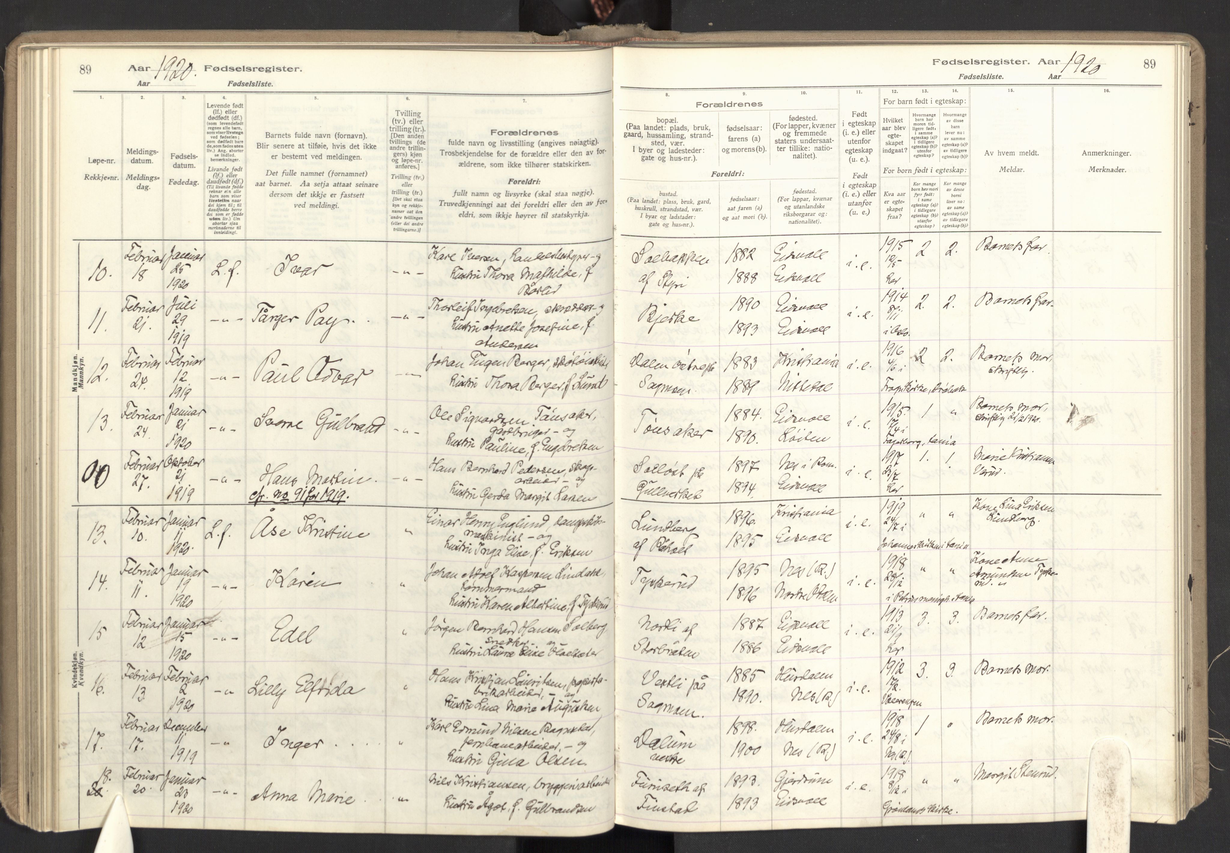Eidsvoll prestekontor Kirkebøker, SAO/A-10888: Birth register no. I 1, 1916-1924, p. 89