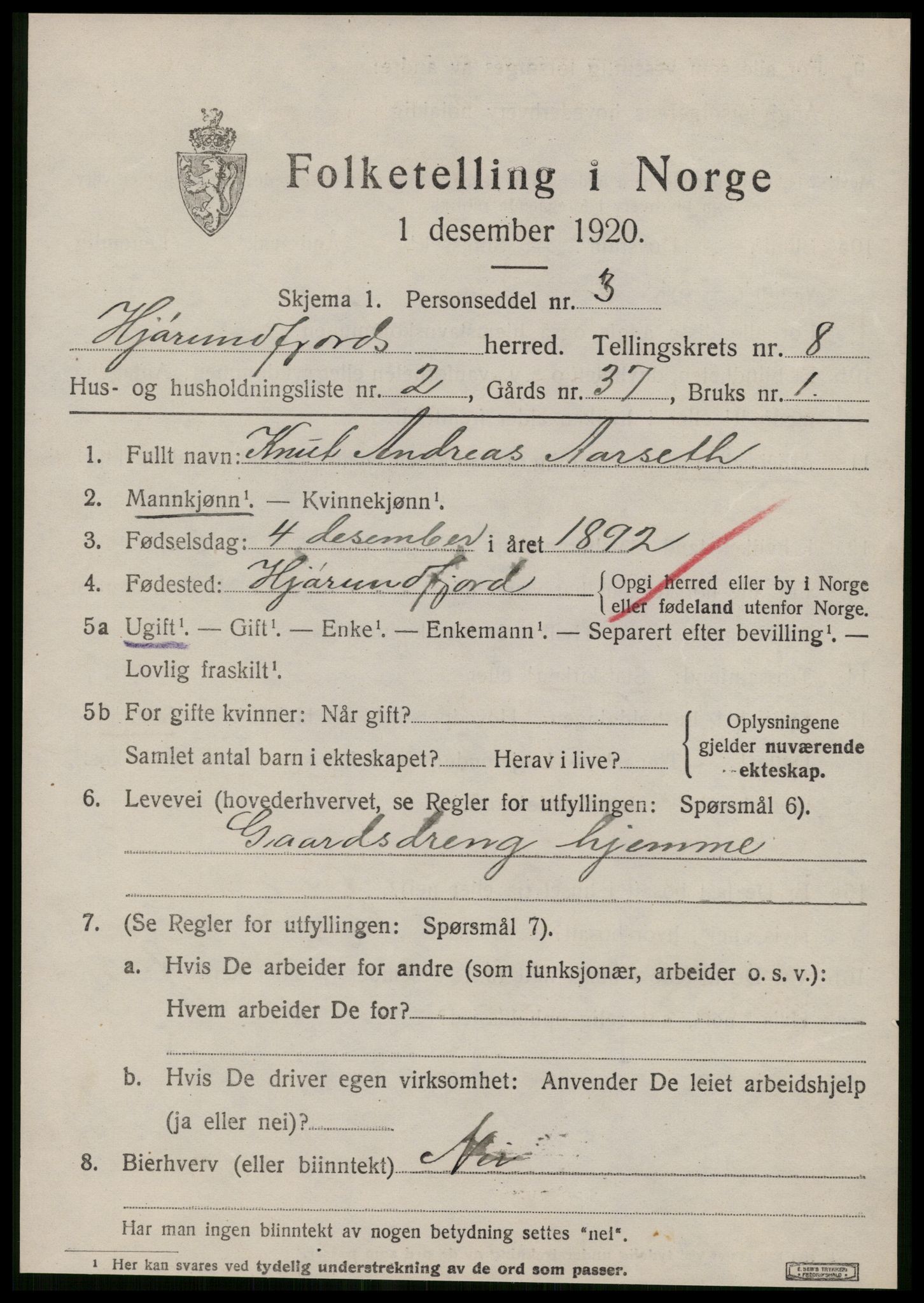 SAT, 1920 census for Hjørundfjord, 1920, p. 2835