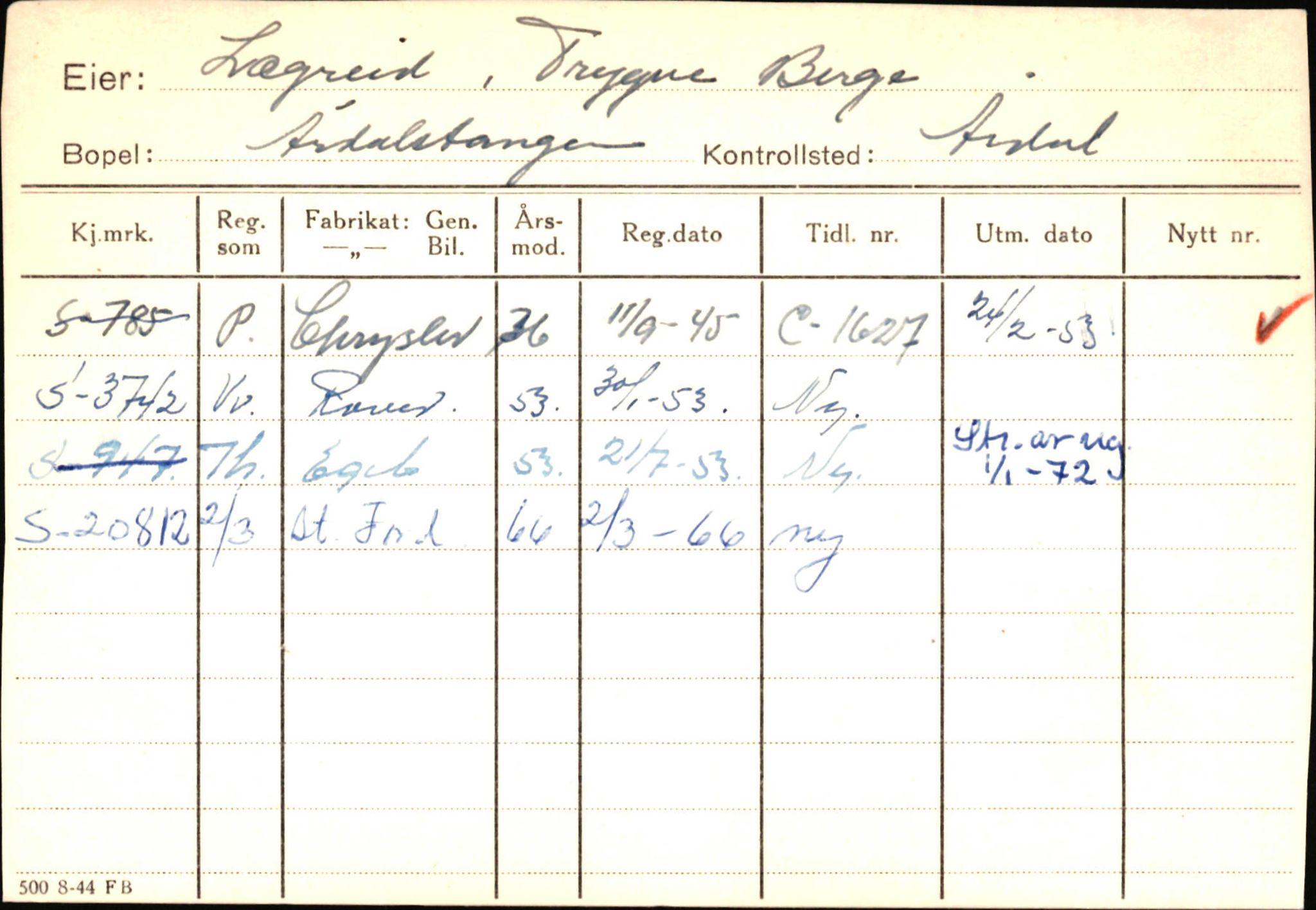 Statens vegvesen, Sogn og Fjordane vegkontor, SAB/A-5301/4/F/L0145: Registerkort Vågsøy S-Å. Årdal I-P, 1945-1975, p. 1582