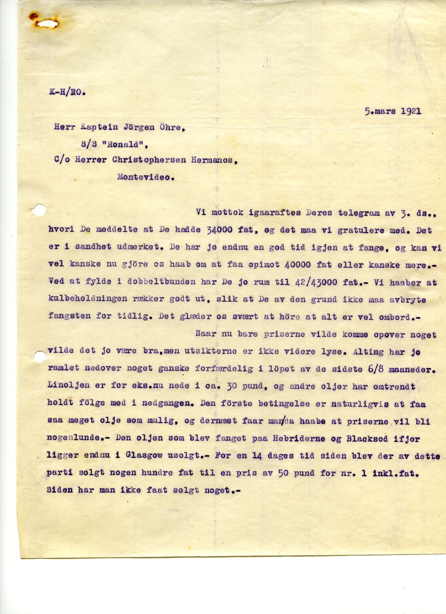 Pa 258 - N. Bugge AS, VEMU/A-1326/E/Ea/L0018/0003: Korrespondanse V - Ø / Kaptein Jørgen Øhre SS Ronald, 1922