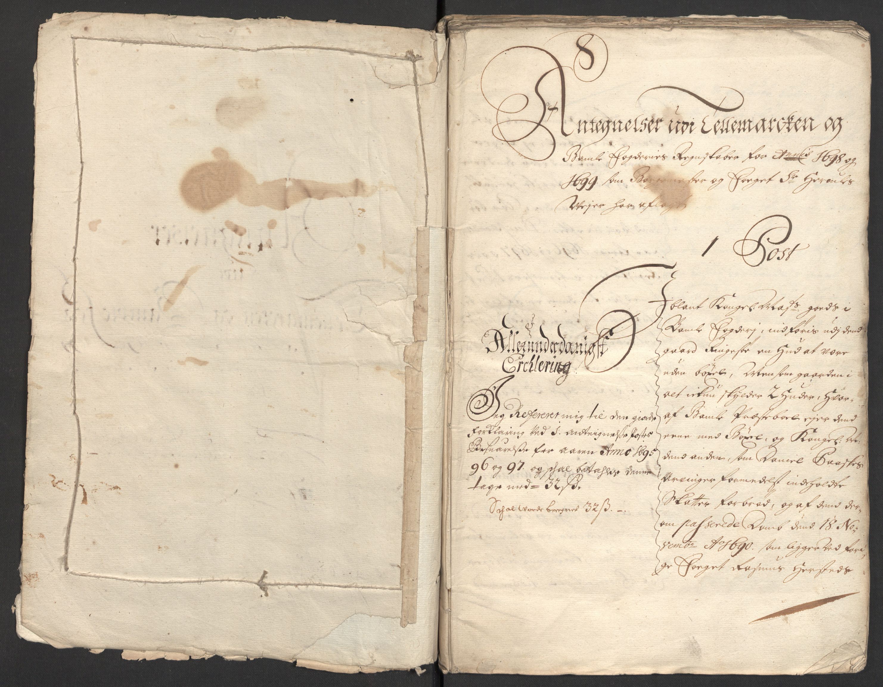 Rentekammeret inntil 1814, Reviderte regnskaper, Fogderegnskap, AV/RA-EA-4092/R36/L2102: Fogderegnskap Øvre og Nedre Telemark og Bamble, 1699, p. 4