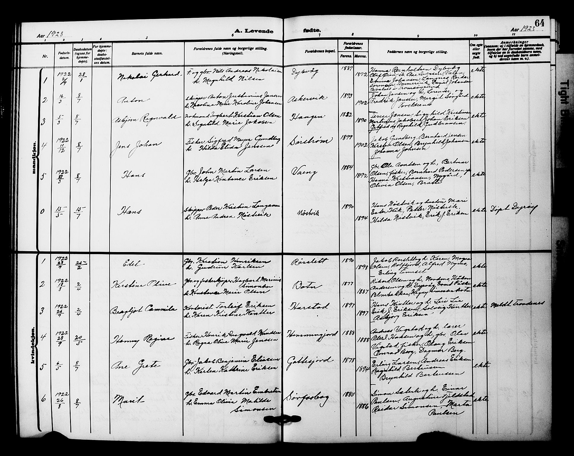 Tranøy sokneprestkontor, SATØ/S-1313/I/Ia/Iab/L0023klokker: Parish register (copy) no. 23, 1913-1928, p. 64