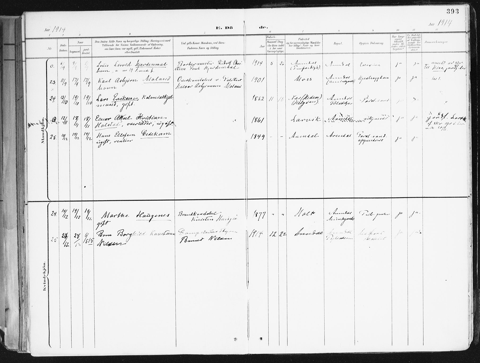 Arendal sokneprestkontor, Trefoldighet, AV/SAK-1111-0040/F/Fa/L0010: Parish register (official) no. A 10, 1900-1919, p. 393