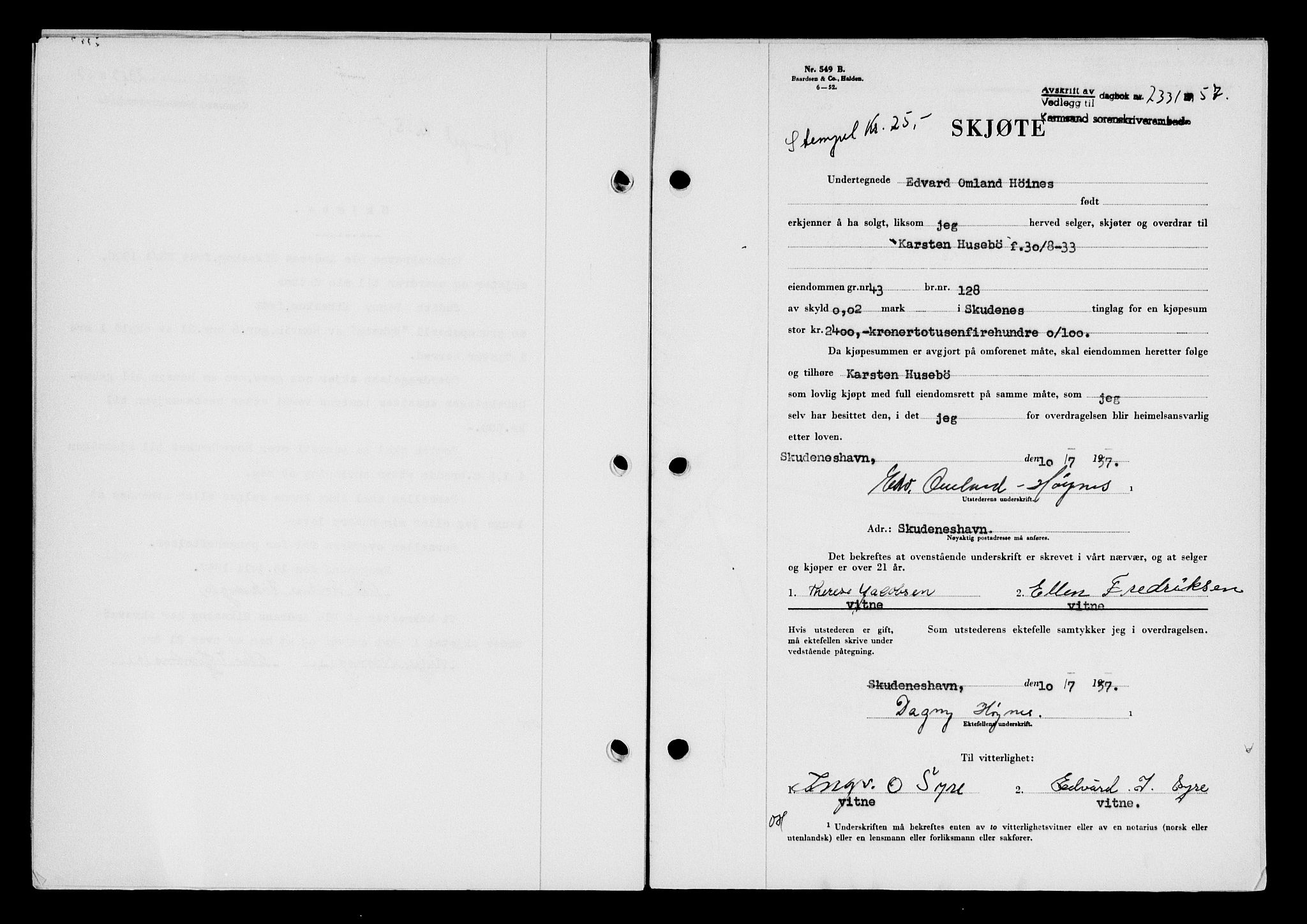 Karmsund sorenskriveri, AV/SAST-A-100311/01/II/IIB/L0125: Mortgage book no. 105A, 1957-1957, Diary no: : 2331/1957