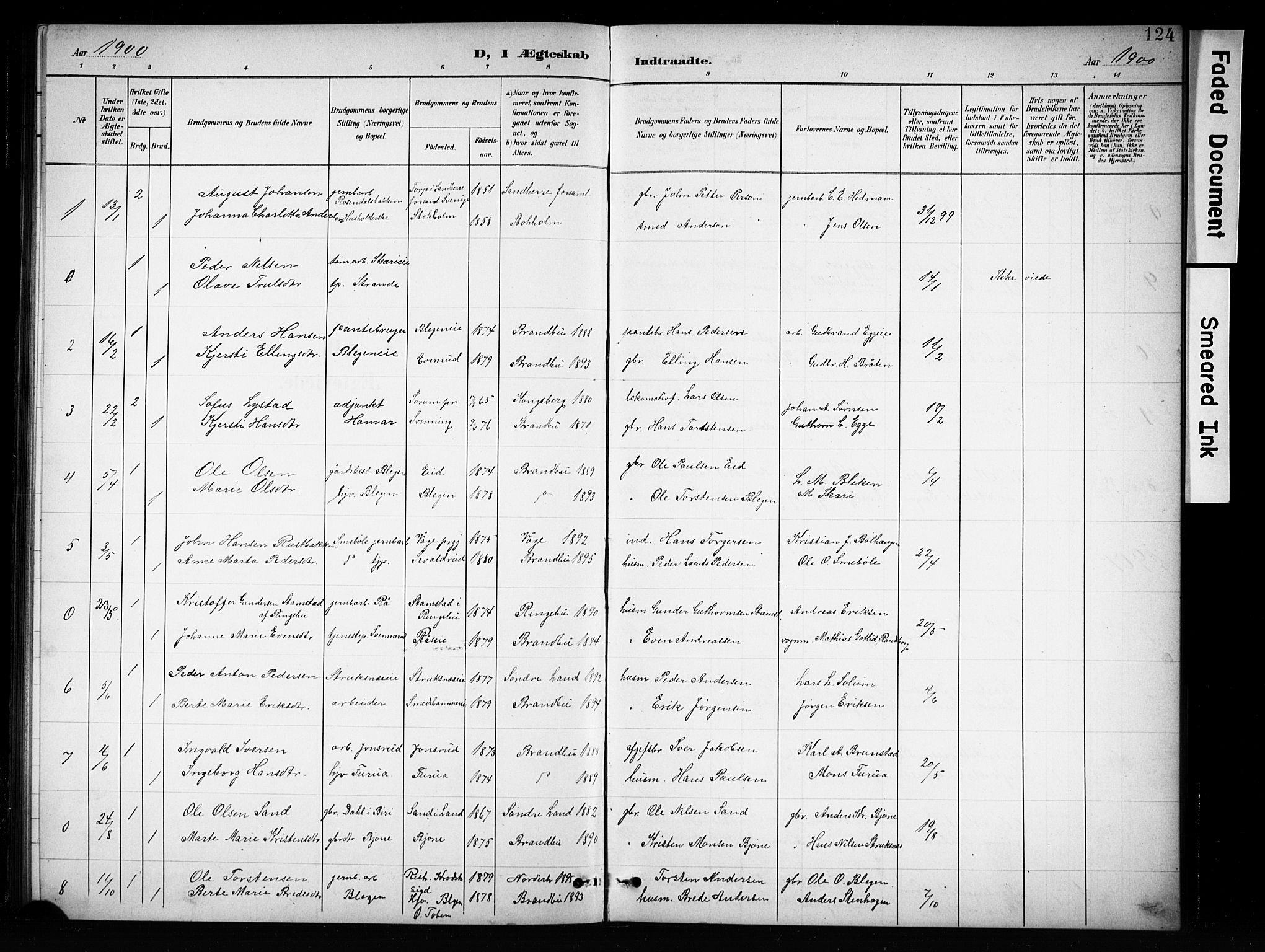 Brandbu prestekontor, AV/SAH-PREST-114/H/Ha/Hab/L0005: Parish register (copy) no. 5, 1900-1913, p. 124