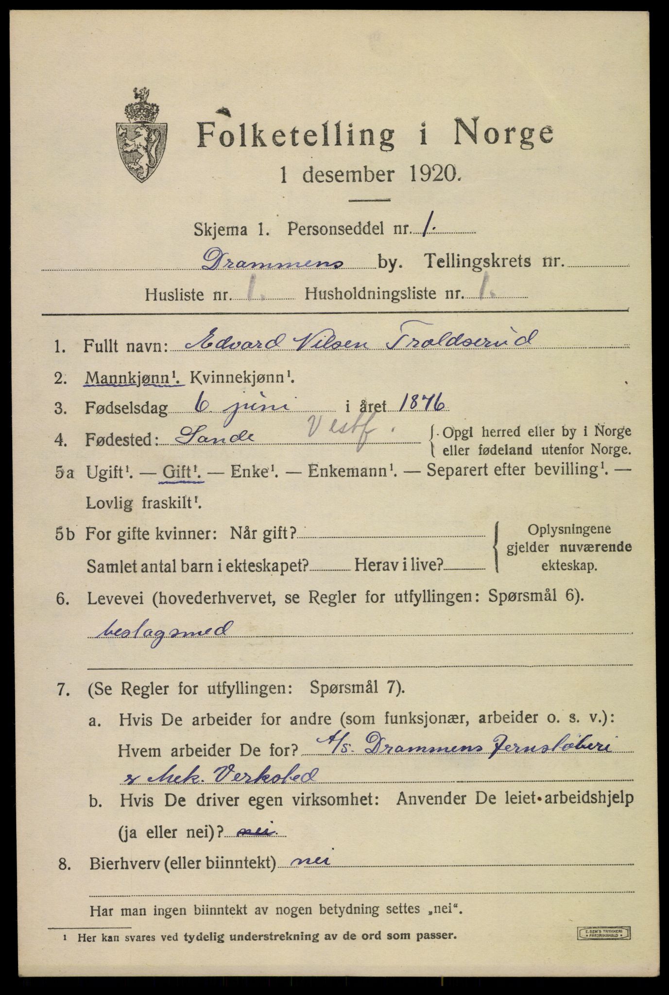 SAKO, 1920 census for Drammen, 1920, p. 30099