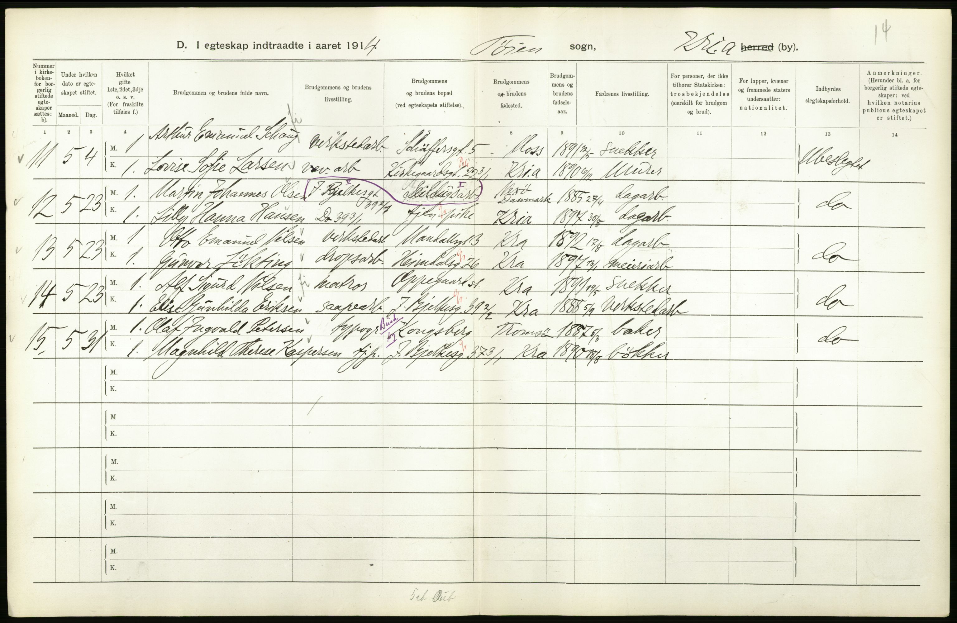 Statistisk sentralbyrå, Sosiodemografiske emner, Befolkning, RA/S-2228/D/Df/Dfb/Dfbd/L0007: Kristiania: Gifte, 1914, p. 78