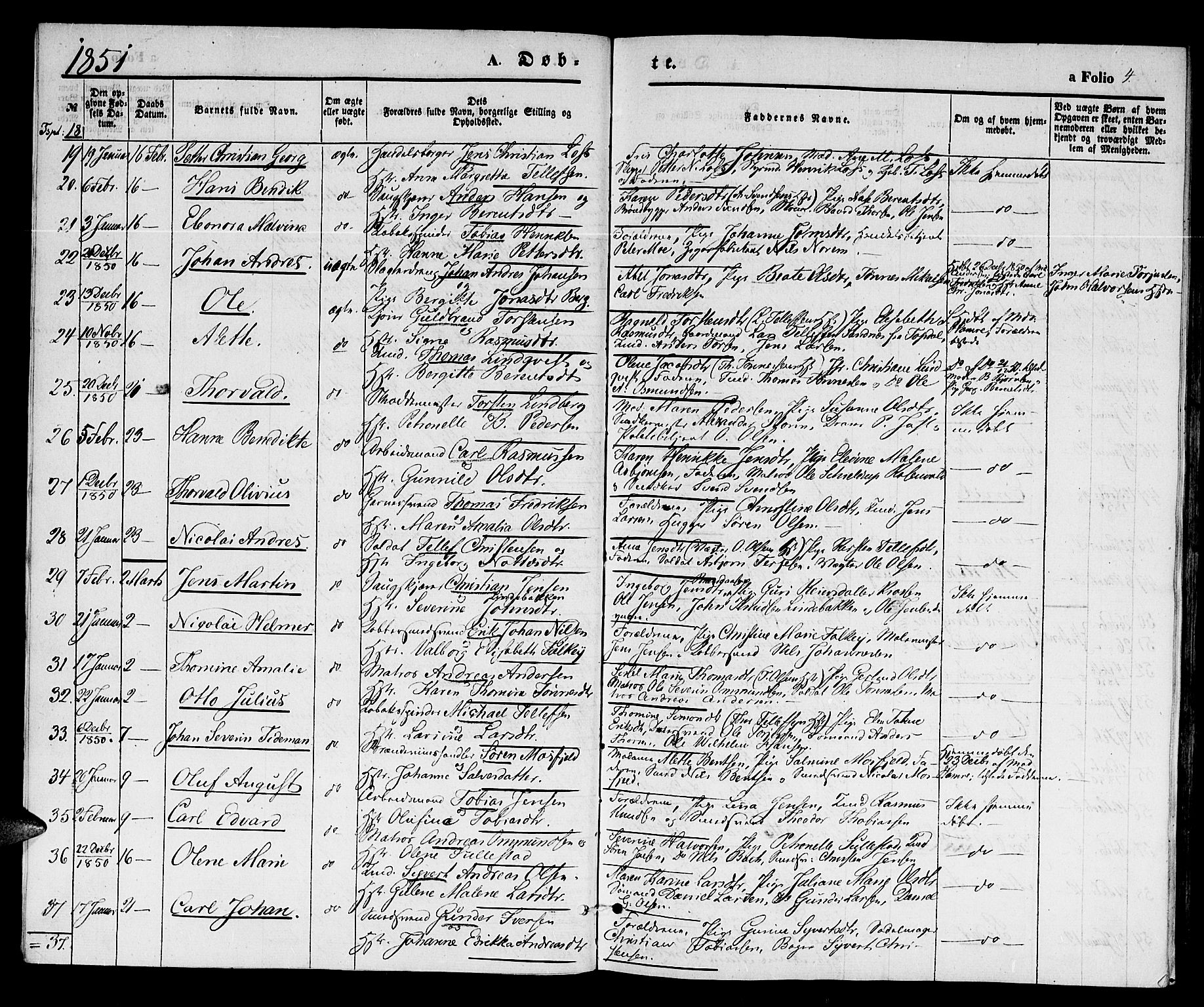 Kristiansand domprosti, SAK/1112-0006/F/Fb/L0011: Parish register (copy) no. B 11, 1851-1861, p. 4