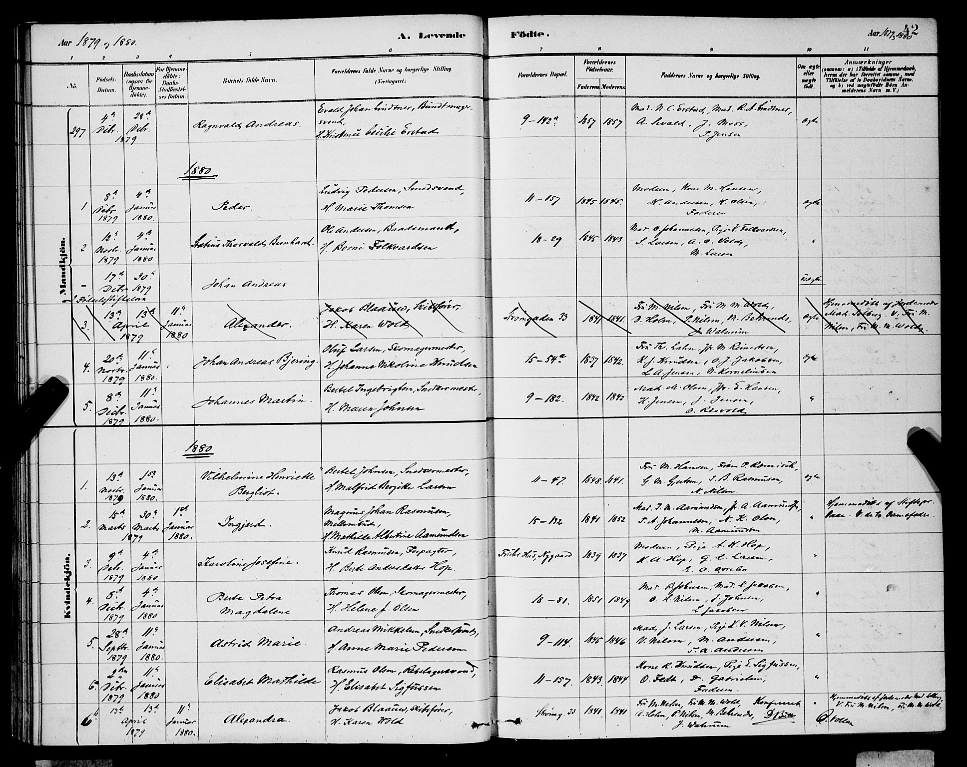 Domkirken sokneprestembete, AV/SAB-A-74801/H/Hab/L0015: Parish register (copy) no. B 8, 1879-1887, p. 42