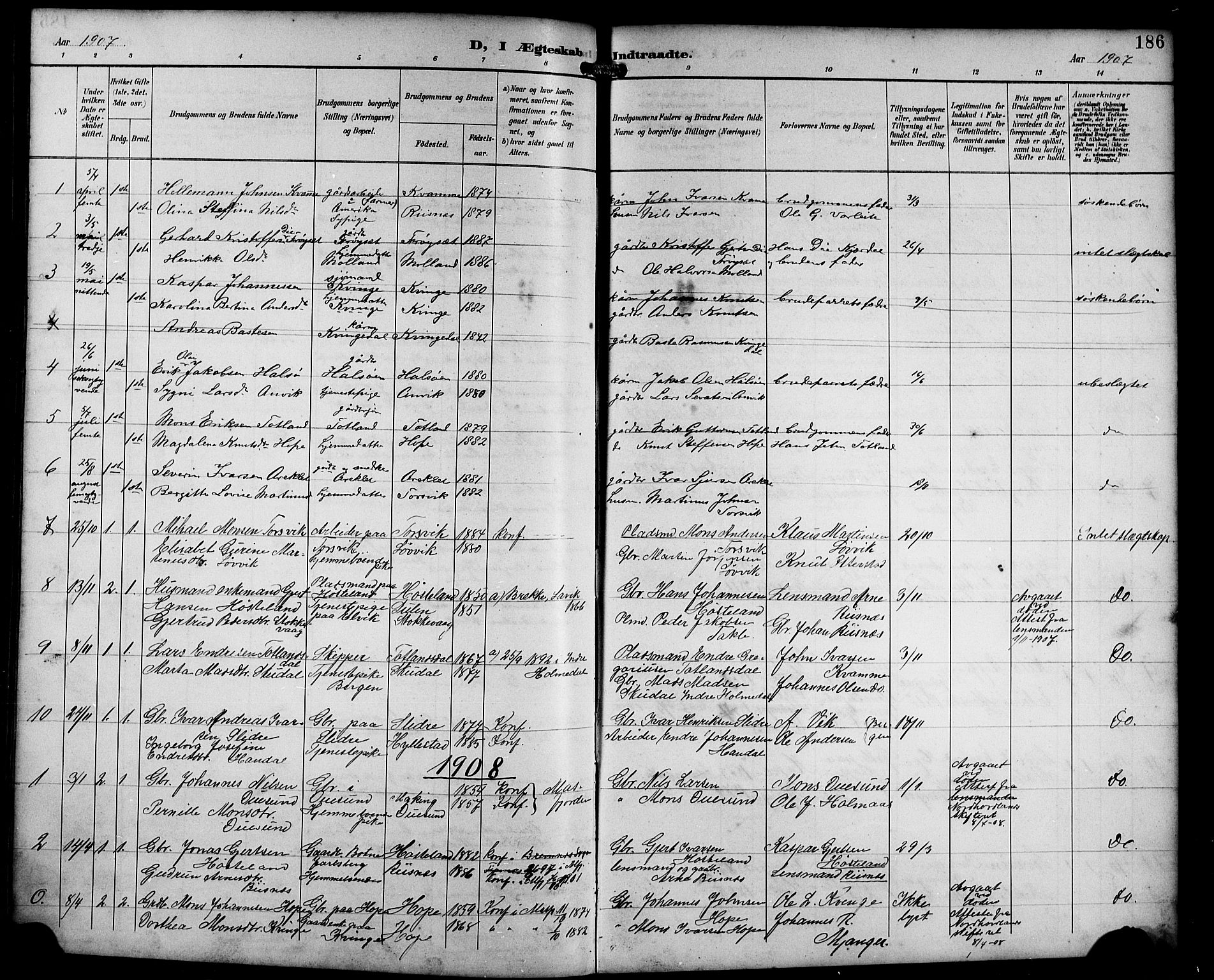 Masfjorden Sokneprestembete, SAB/A-77001: Parish register (copy) no. B 1, 1892-1913, p. 186