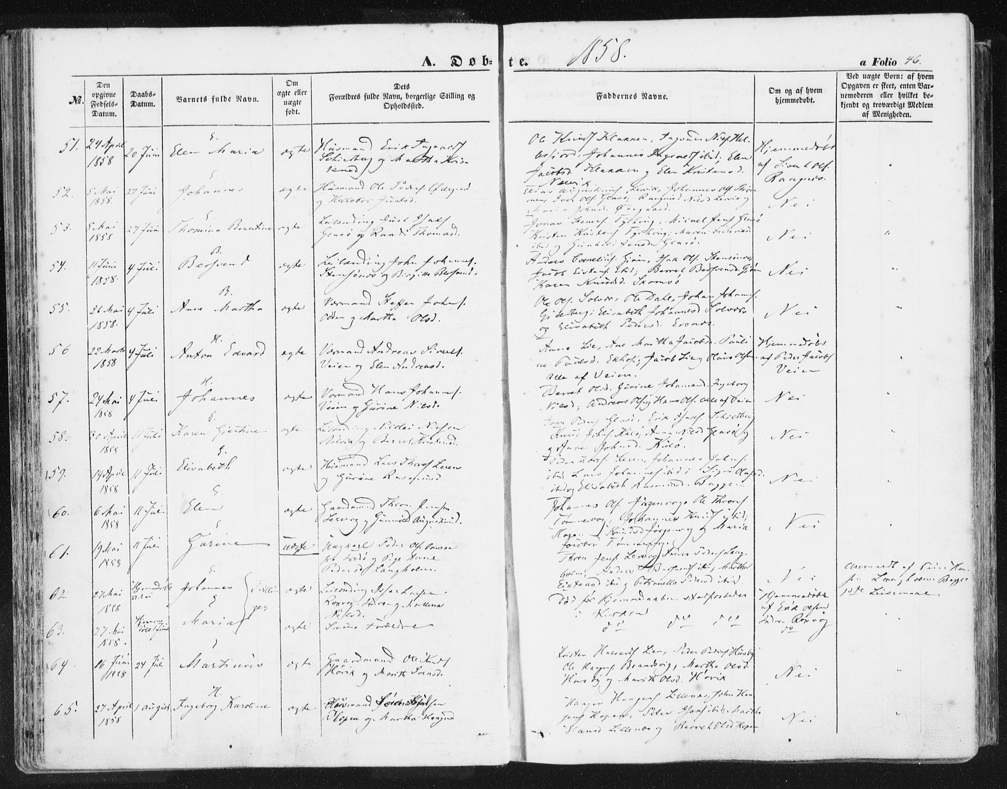 Ministerialprotokoller, klokkerbøker og fødselsregistre - Møre og Romsdal, AV/SAT-A-1454/581/L0937: Parish register (official) no. 581A05, 1853-1872, p. 46