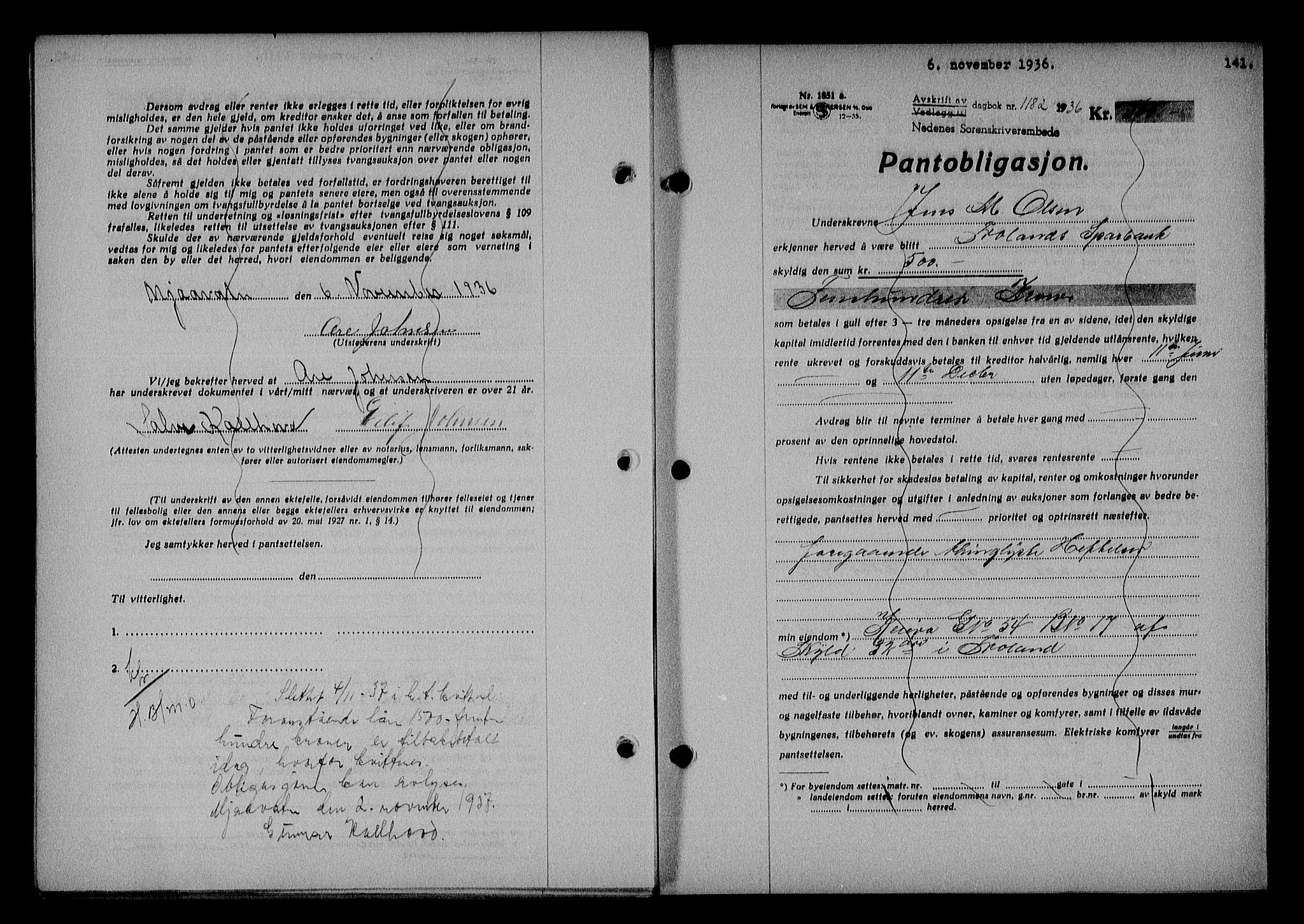 Nedenes sorenskriveri, AV/SAK-1221-0006/G/Gb/Gba/L0043: Mortgage book no. 39, 1936-1937, Diary no: : 1182/1936