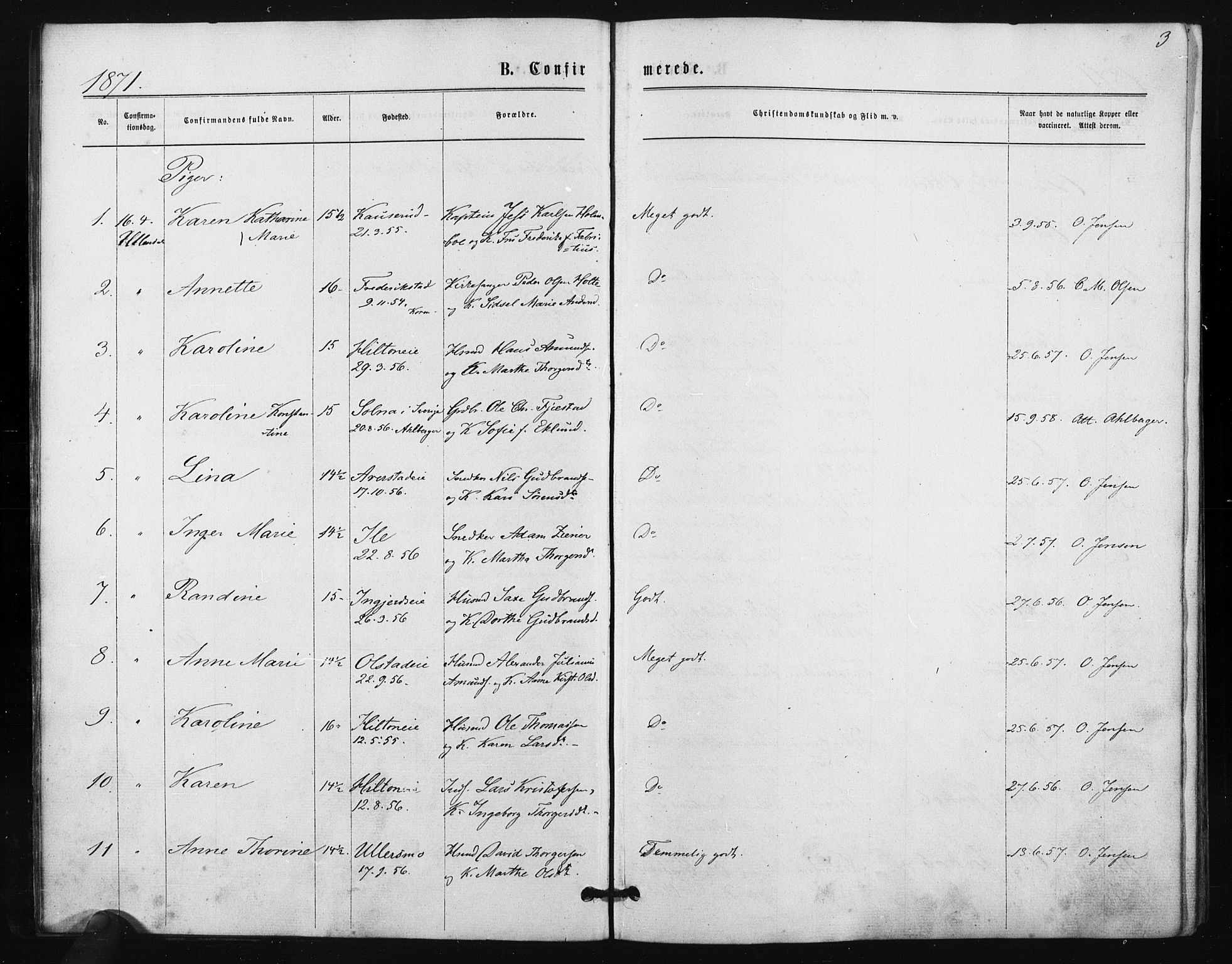 Ullensaker prestekontor Kirkebøker, SAO/A-10236a/F/Fa/L0017: Parish register (official) no. I 17, 1871-1875, p. 3