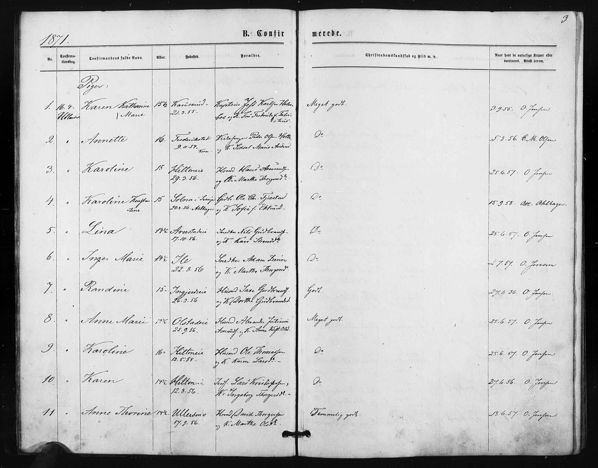 Ullensaker prestekontor Kirkebøker, AV/SAO-A-10236a/F/Fa/L0017: Parish register (official) no. I 17, 1871-1875, p. 3