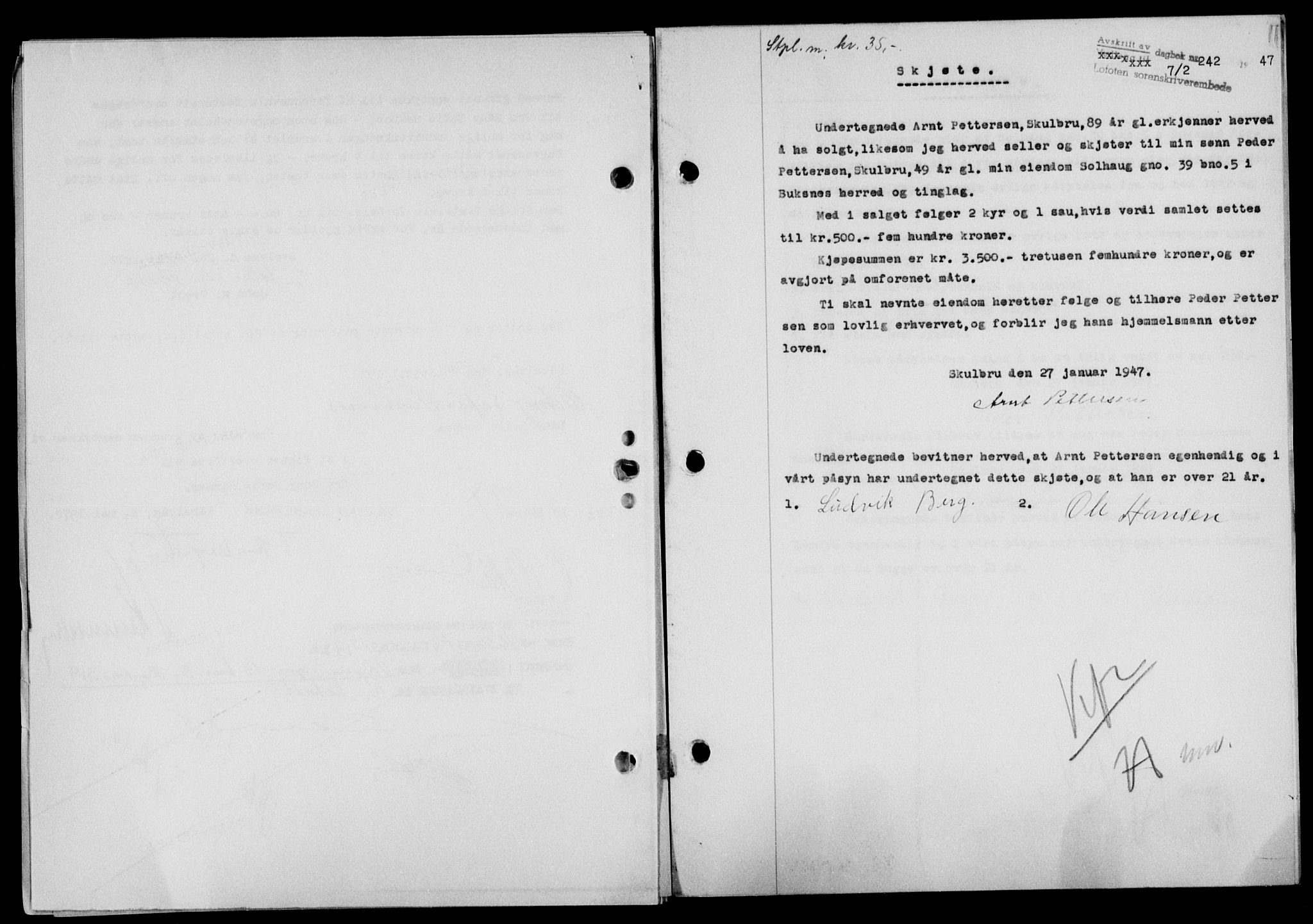 Lofoten sorenskriveri, SAT/A-0017/1/2/2C/L0015a: Mortgage book no. 15a, 1946-1947, Diary no: : 242/1947