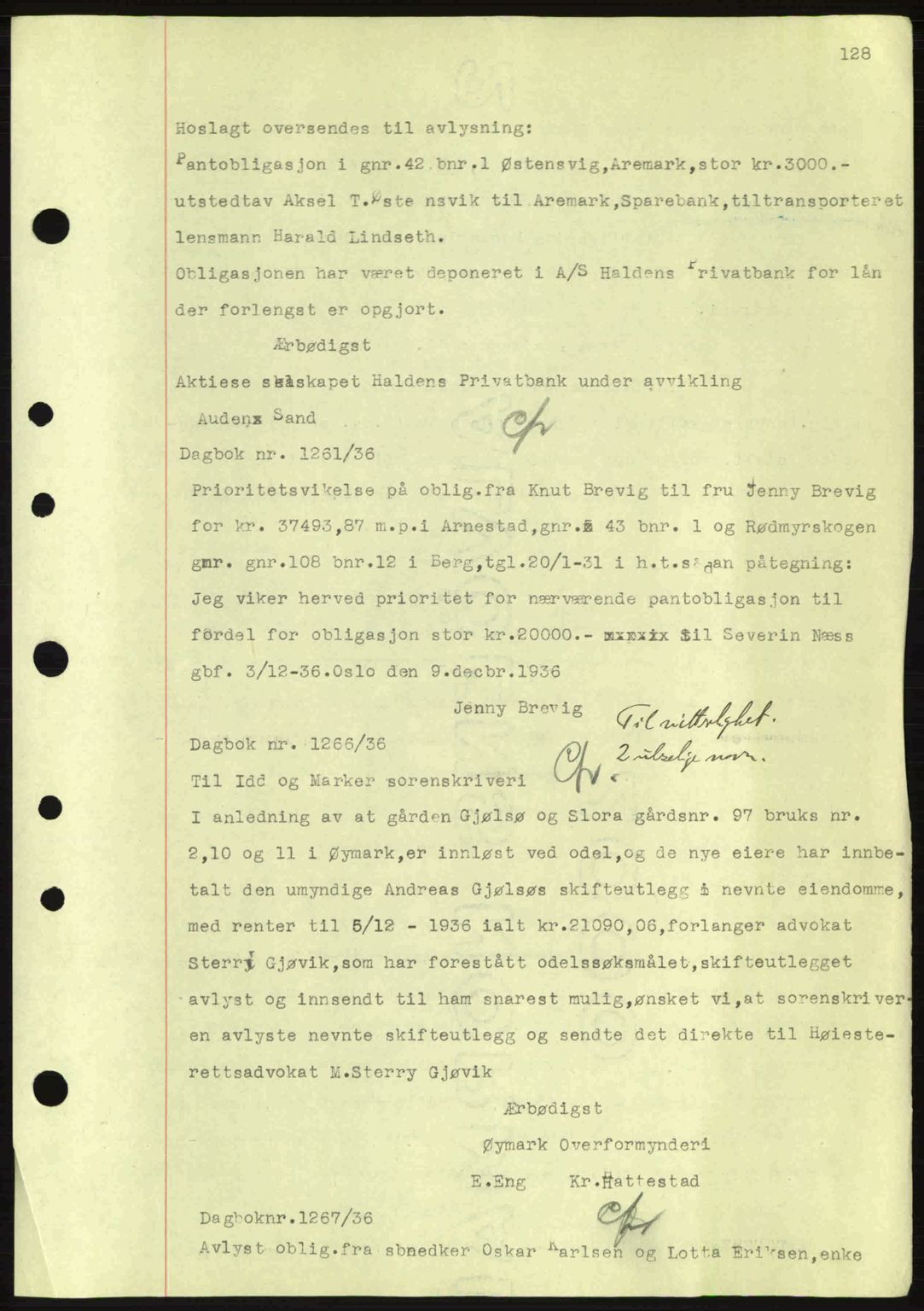 Idd og Marker sorenskriveri, AV/SAO-A-10283/G/Gb/Gbc/L0001: Mortgage book no. B1-3, 1936-1939, Diary no: : 1261/1936