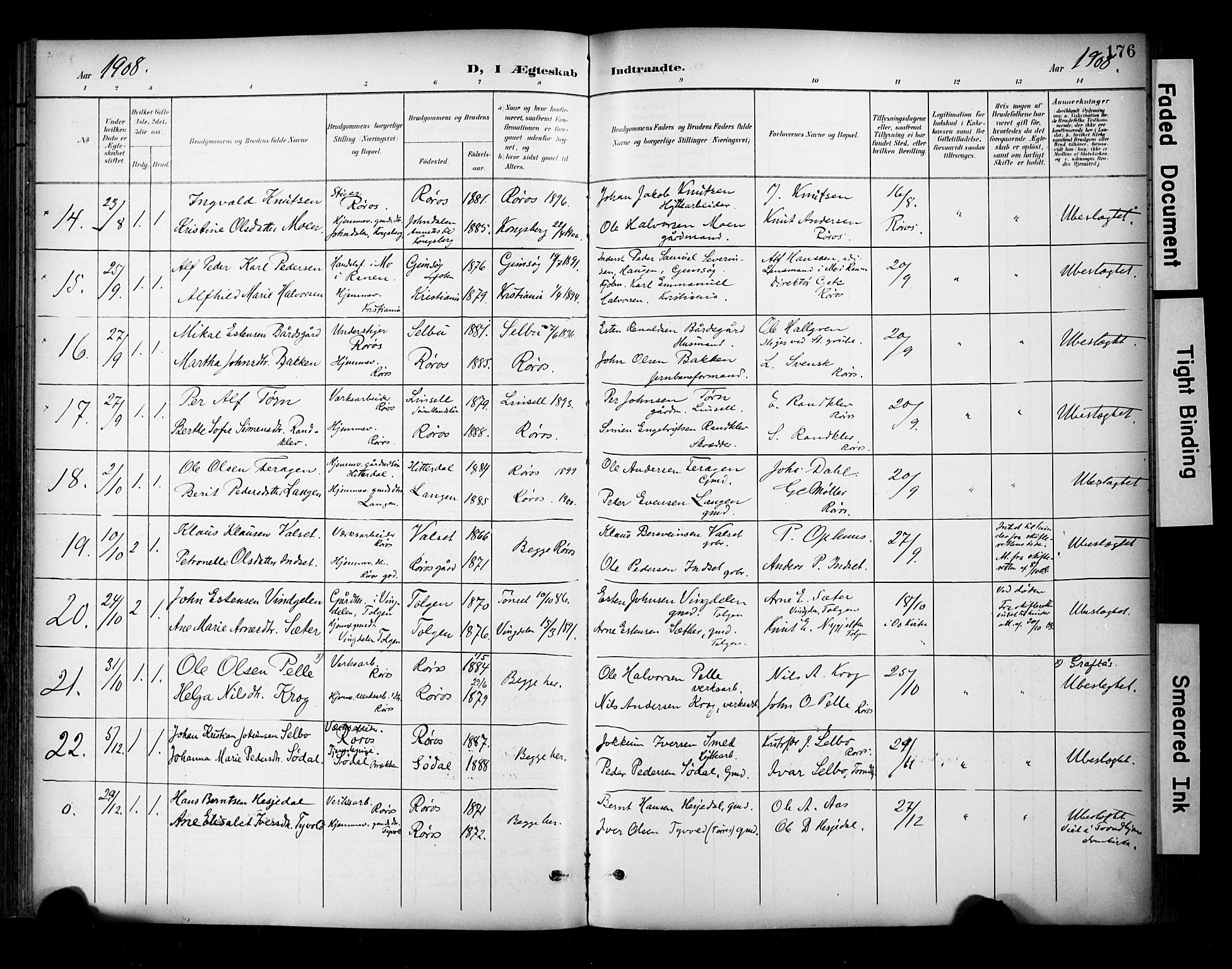 Ministerialprotokoller, klokkerbøker og fødselsregistre - Sør-Trøndelag, SAT/A-1456/681/L0936: Parish register (official) no. 681A14, 1899-1908, p. 176