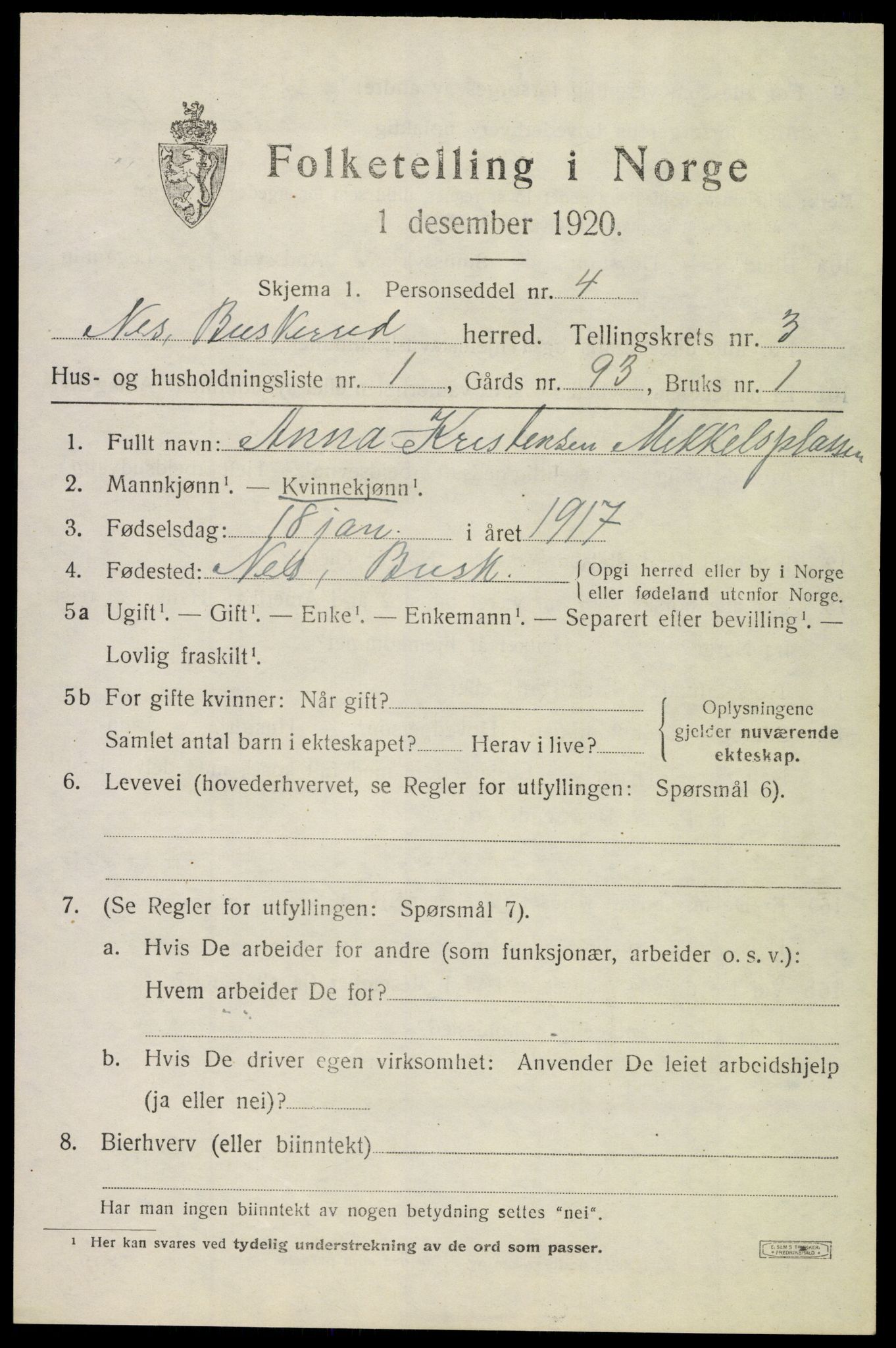 SAKO, 1920 census for Nes (Buskerud), 1920, p. 1632