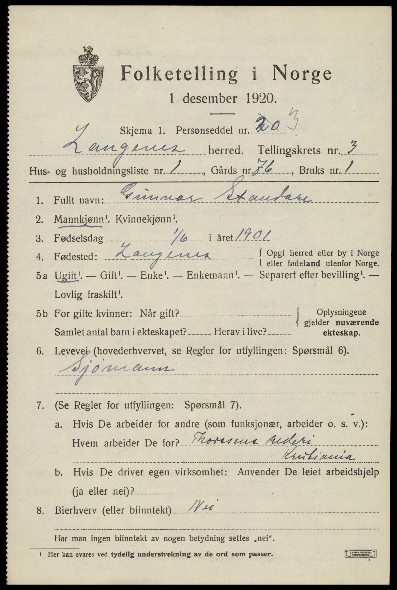 SAT, 1920 census for Langenes, 1920, p. 1150