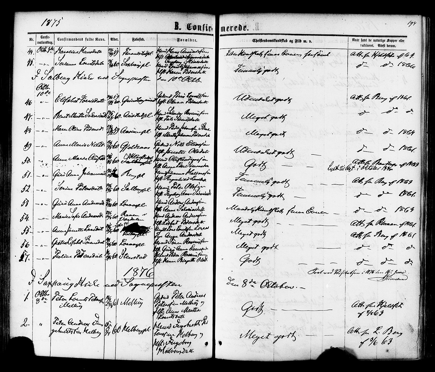 Ministerialprotokoller, klokkerbøker og fødselsregistre - Nord-Trøndelag, AV/SAT-A-1458/730/L0284: Parish register (official) no. 730A09, 1866-1878, p. 194