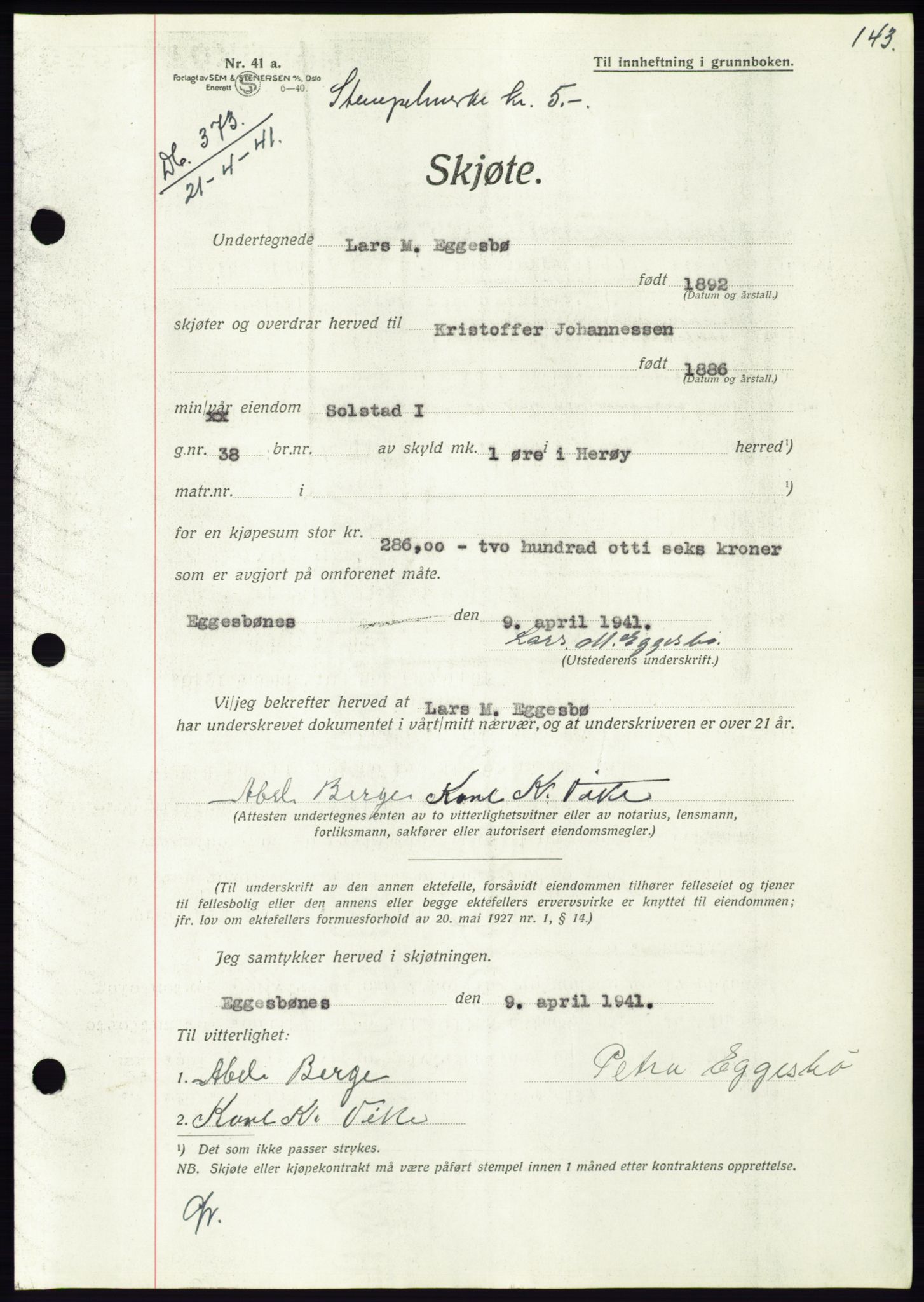 Søre Sunnmøre sorenskriveri, AV/SAT-A-4122/1/2/2C/L0071: Mortgage book no. 65, 1941-1941, Diary no: : 373/1941