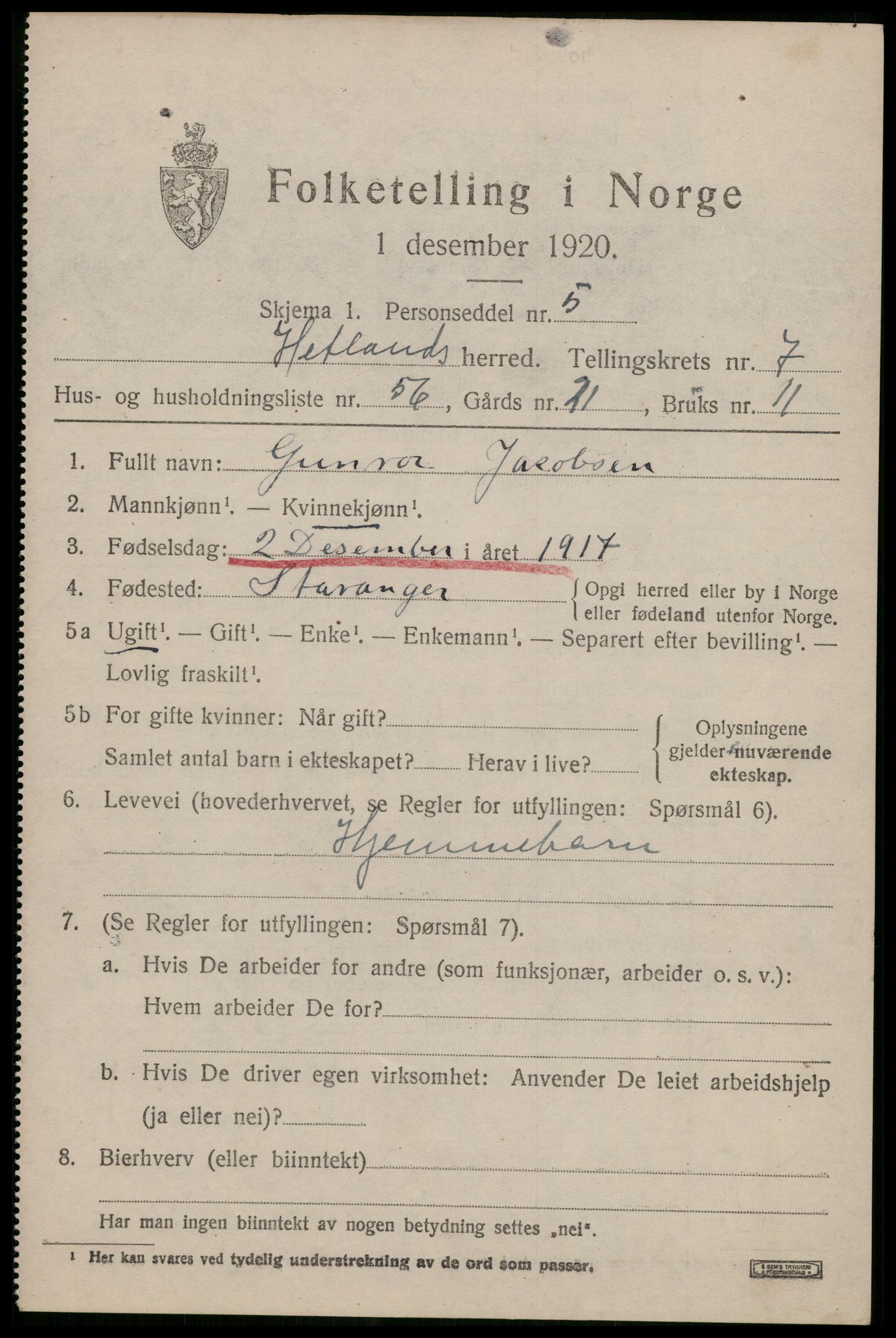 SAST, 1920 census for Hetland, 1920, p. 14663