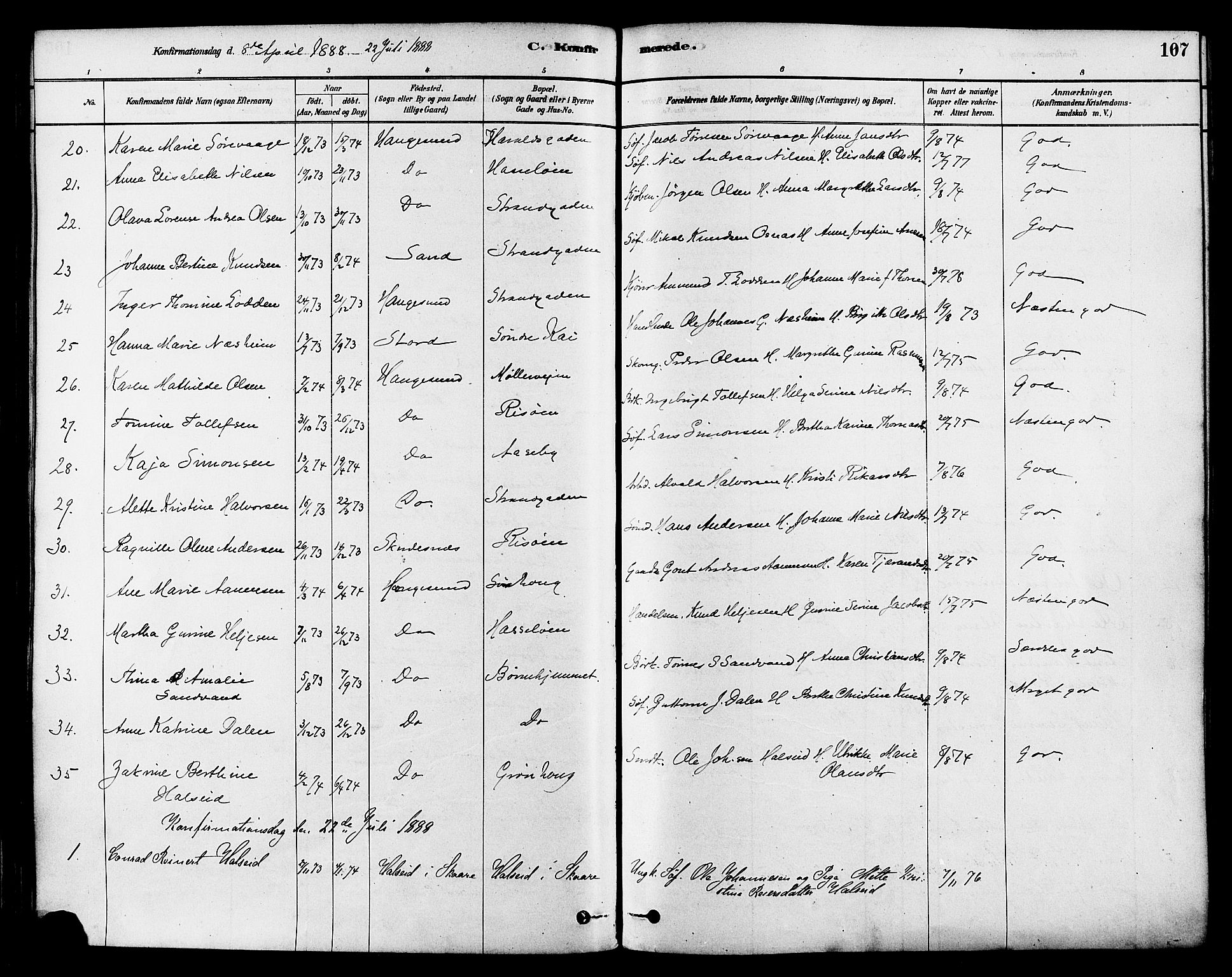 Haugesund sokneprestkontor, AV/SAST-A -101863/H/Ha/Haa/L0003: Parish register (official) no. A 3, 1885-1890, p. 107