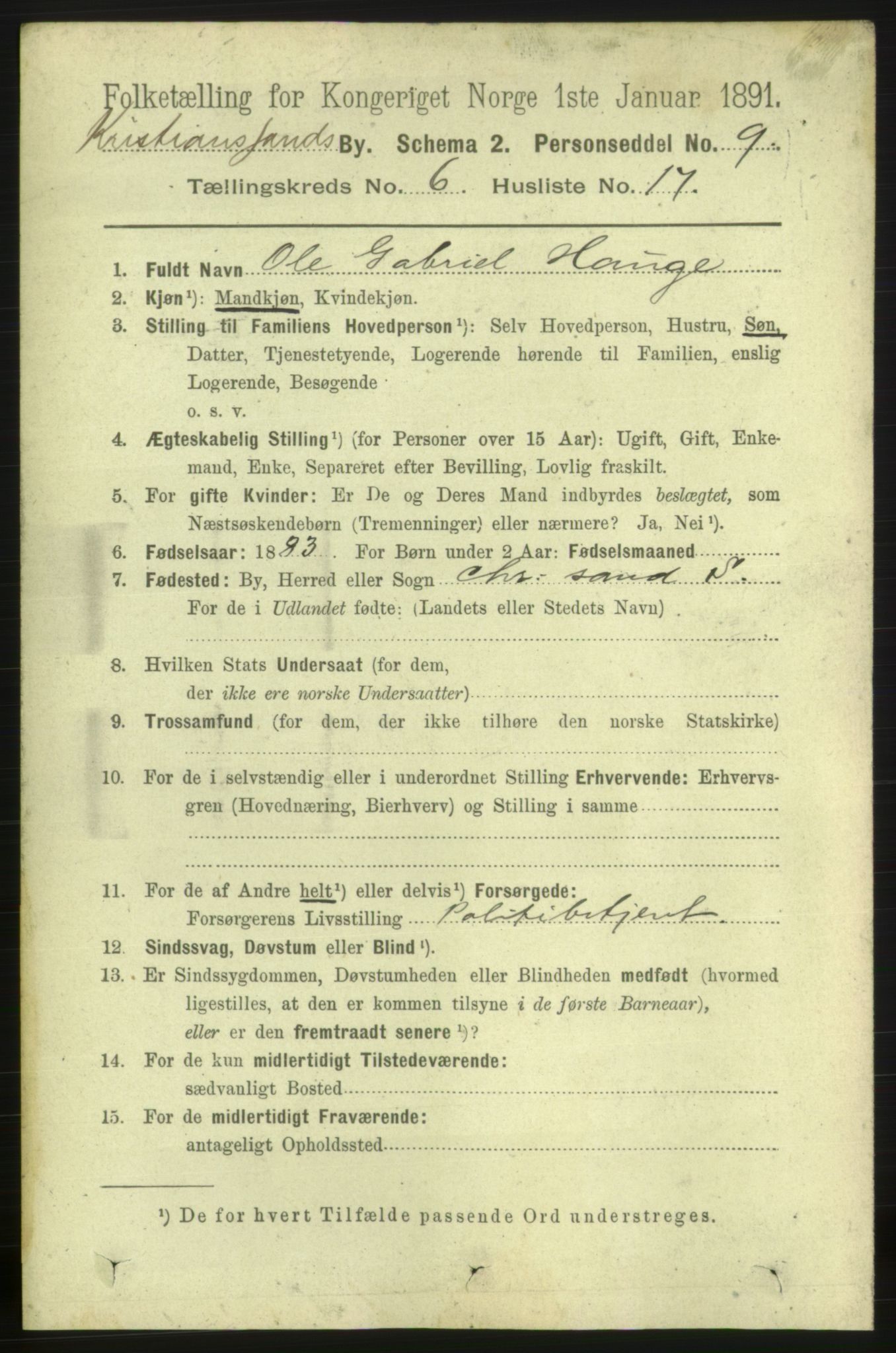 RA, 1891 census for 1001 Kristiansand, 1891, p. 4653