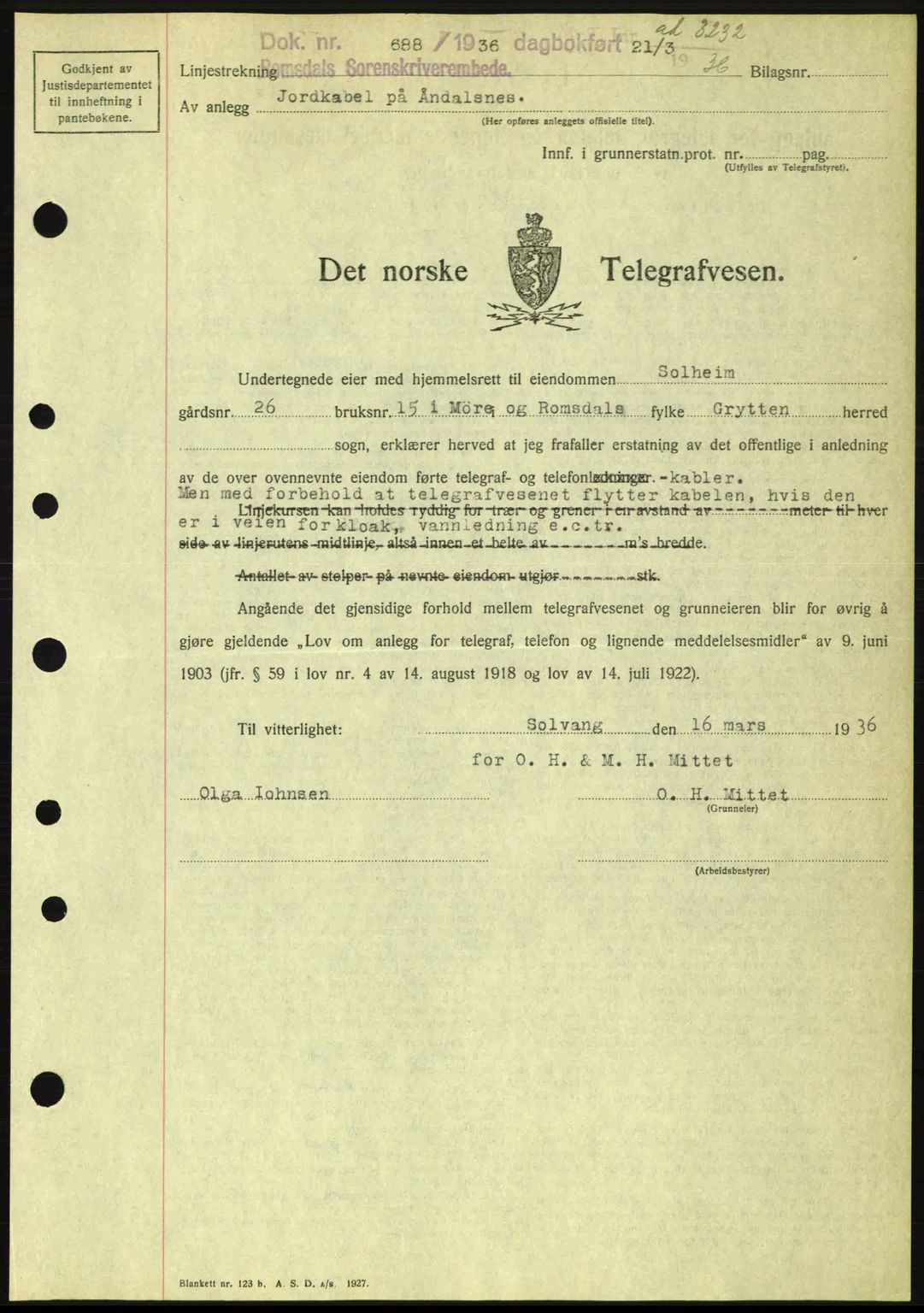 Romsdal sorenskriveri, AV/SAT-A-4149/1/2/2C: Mortgage book no. A1, 1936-1936, Diary no: : 688/1936