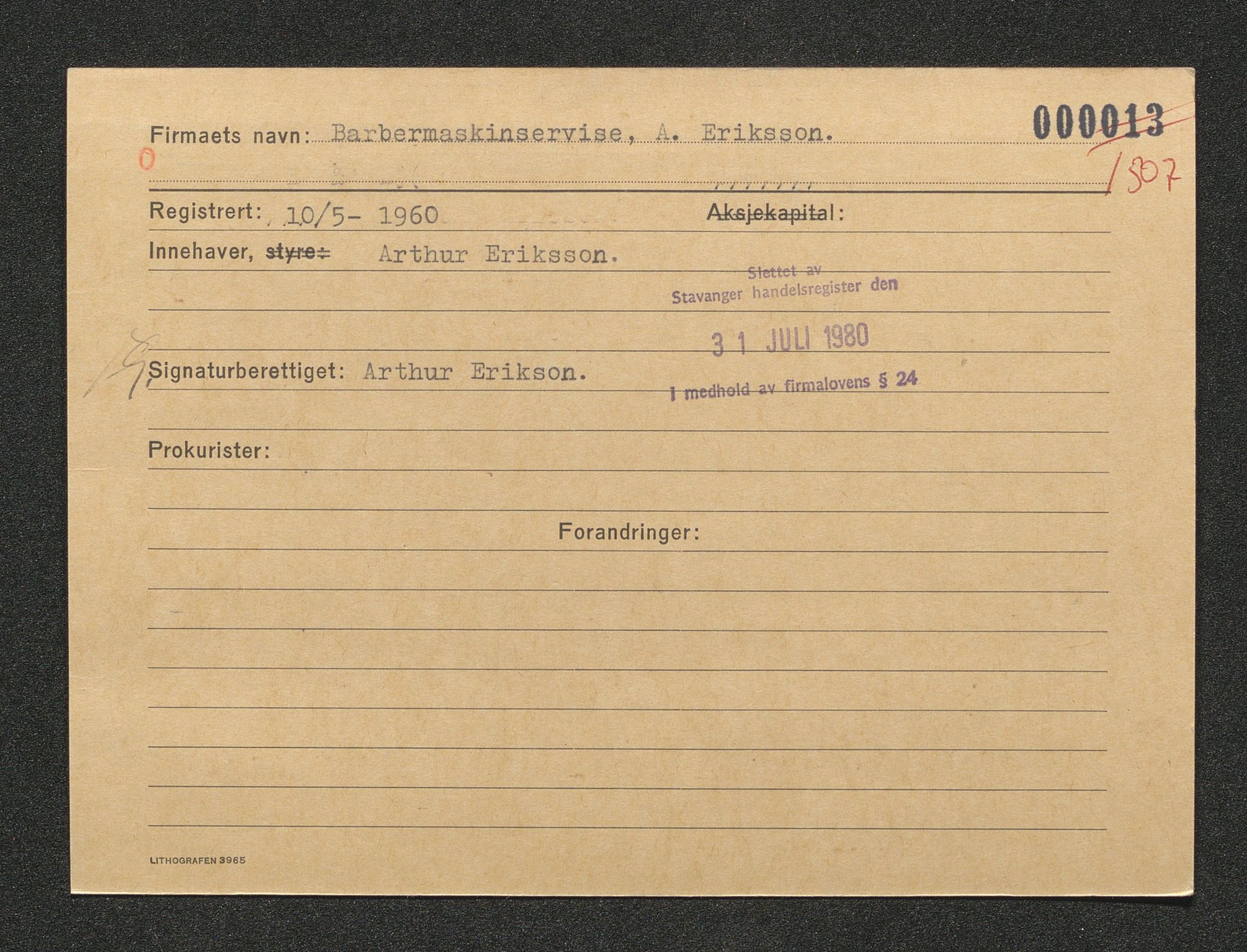 Stavanger byfogd, SAST/A-101408/001/4/42/422/4221A/L0001: Register over slettede firma A-C, 1891-1987, p. 170
