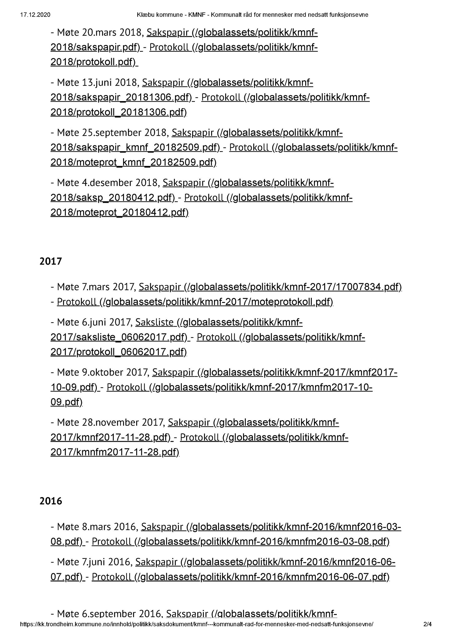 Klæbu Kommune, TRKO/KK/08-KMNF/L001: Kommunalt råd for mennesker med nedsatt funksjonsevne - Møteoversikt, 2012-2019, p. 2