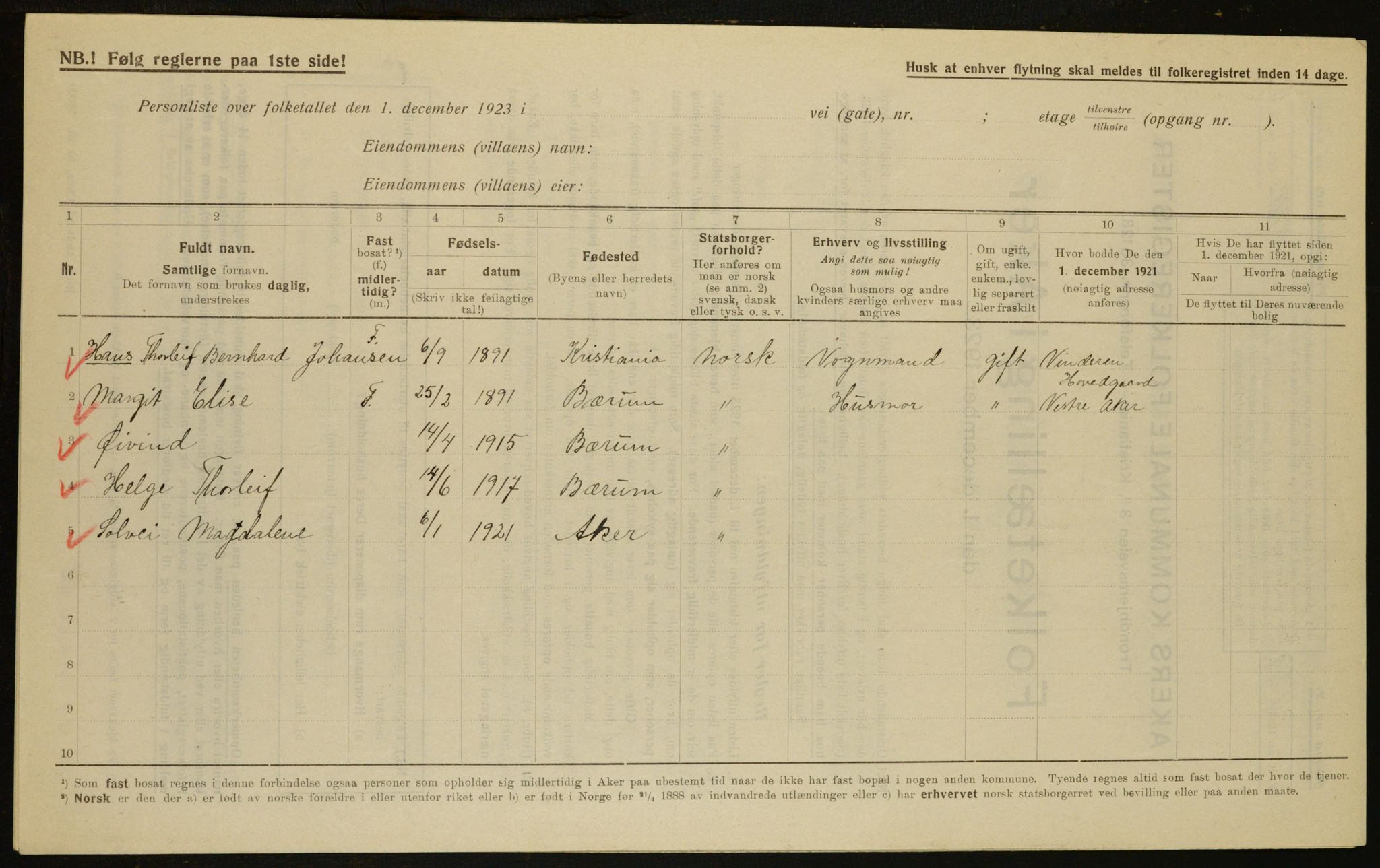 , Municipal Census 1923 for Aker, 1923, p. 8271