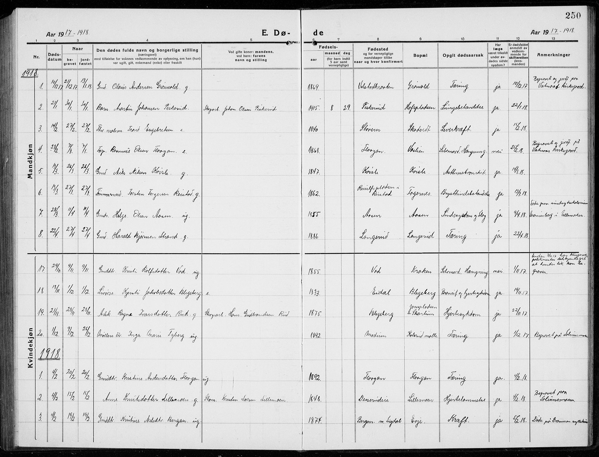 Sigdal kirkebøker, SAKO/A-245/G/Ga/L0007: Parish register (copy) no. I 7, 1917-1935, p. 250