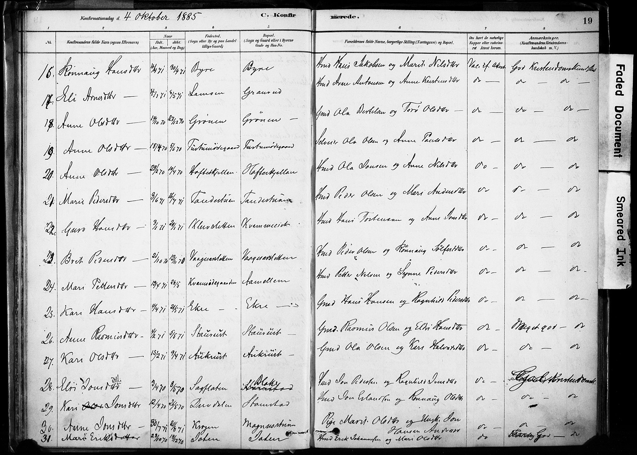 Lom prestekontor, SAH/PREST-070/K/L0009: Parish register (official) no. 9, 1878-1907, p. 19