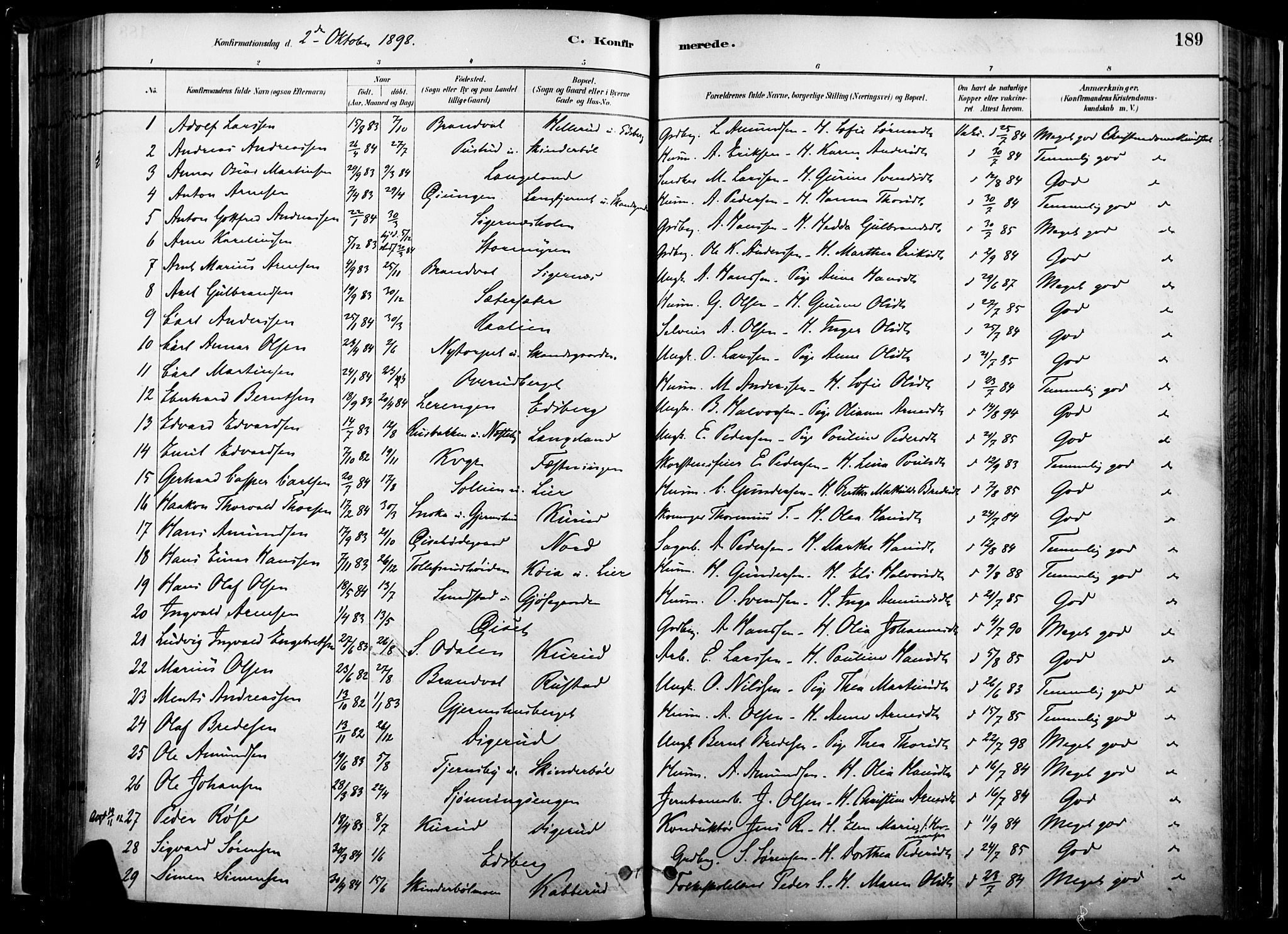 Vinger prestekontor, AV/SAH-PREST-024/H/Ha/Haa/L0014: Parish register (official) no. 14, 1881-1900, p. 189