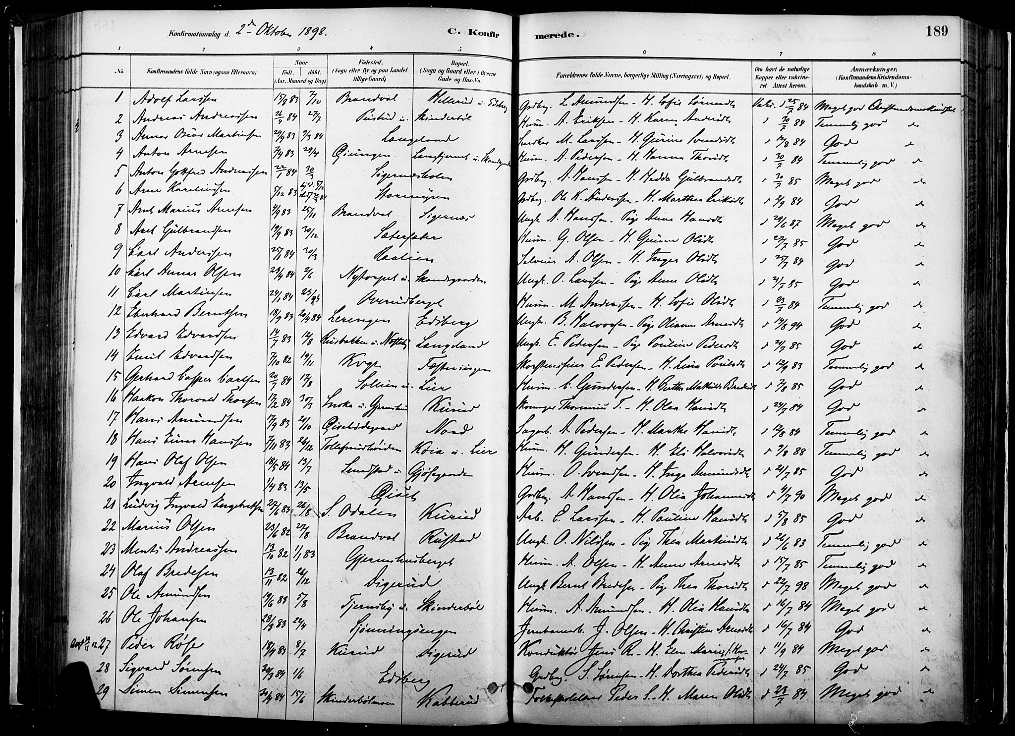 Vinger prestekontor, SAH/PREST-024/H/Ha/Haa/L0014: Parish register (official) no. 14, 1881-1900, p. 189