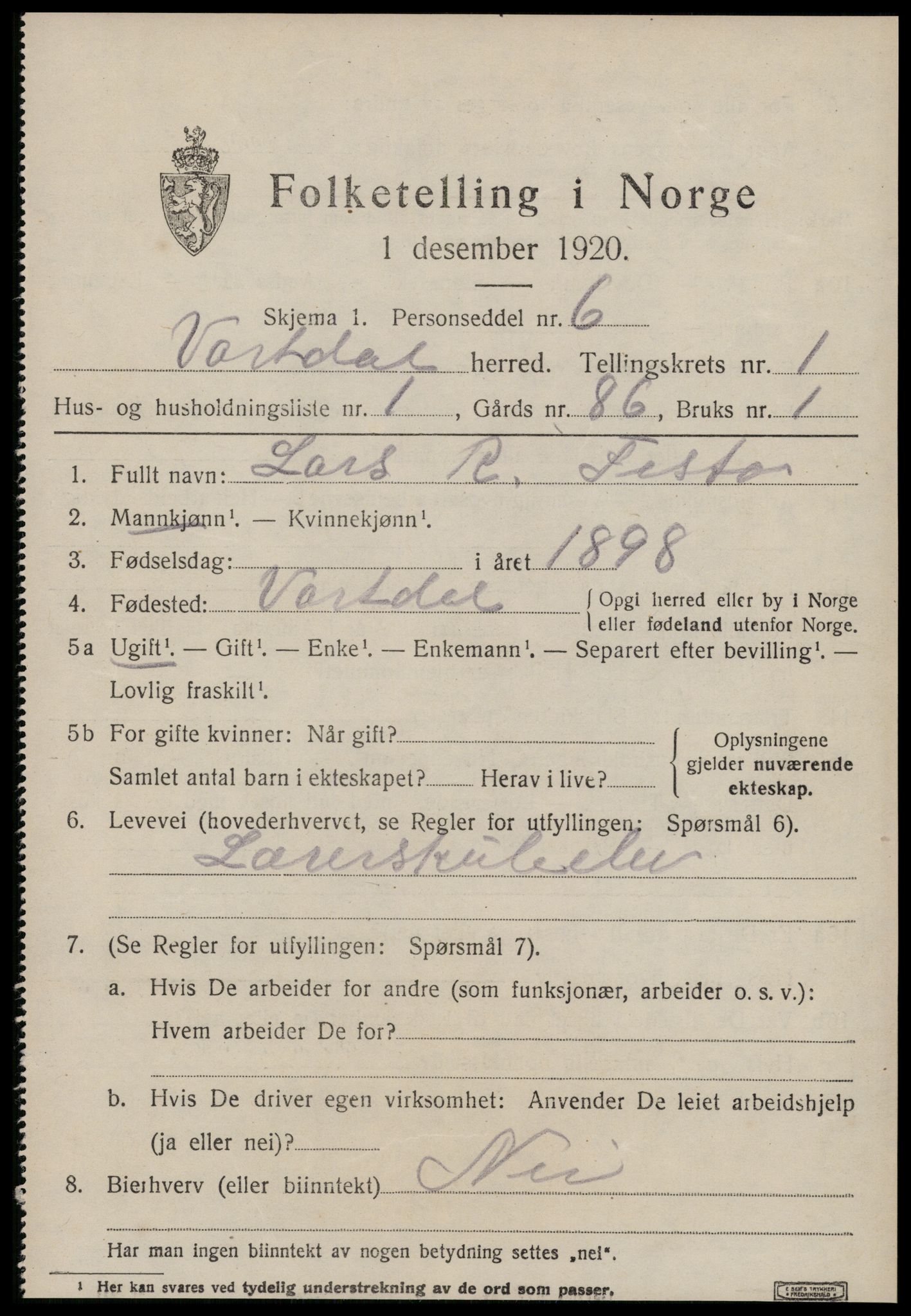 SAT, 1920 census for Vartdal, 1920, p. 283