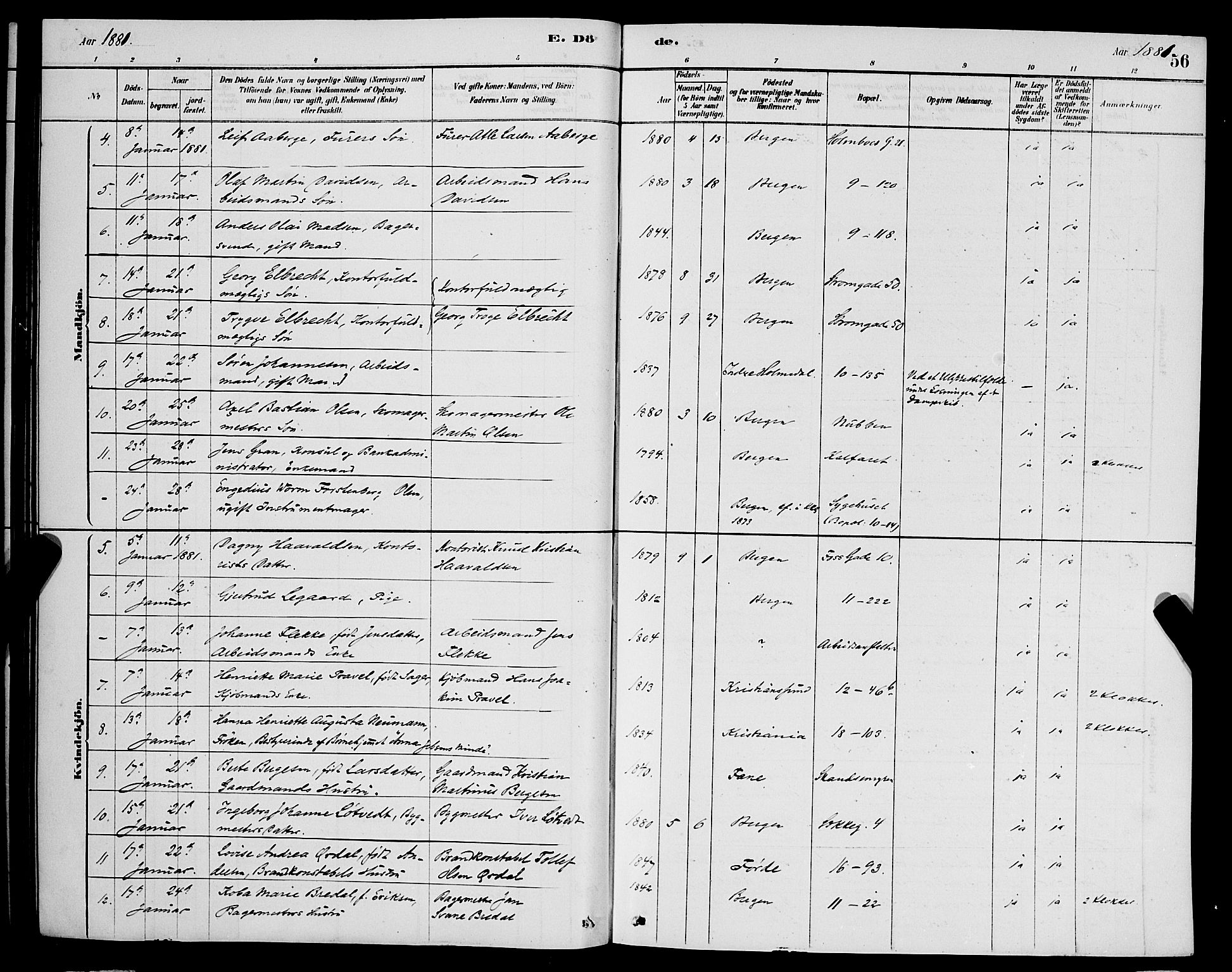 Domkirken sokneprestembete, AV/SAB-A-74801/H/Hab/L0041: Parish register (copy) no. E 5, 1878-1900, p. 56