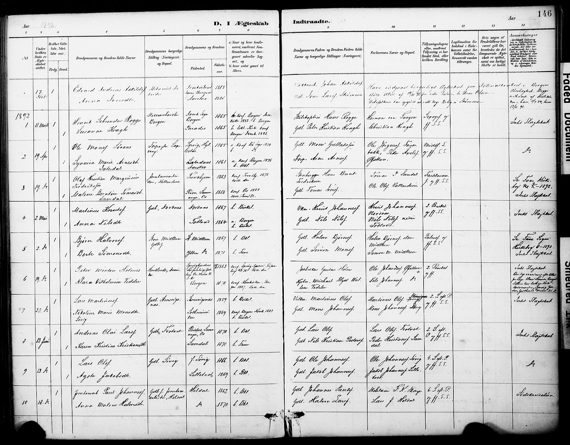 Fana Sokneprestembete, AV/SAB-A-75101/H/Haa/Haai/L0002: Parish register (official) no. I 2, 1888-1899, p. 146