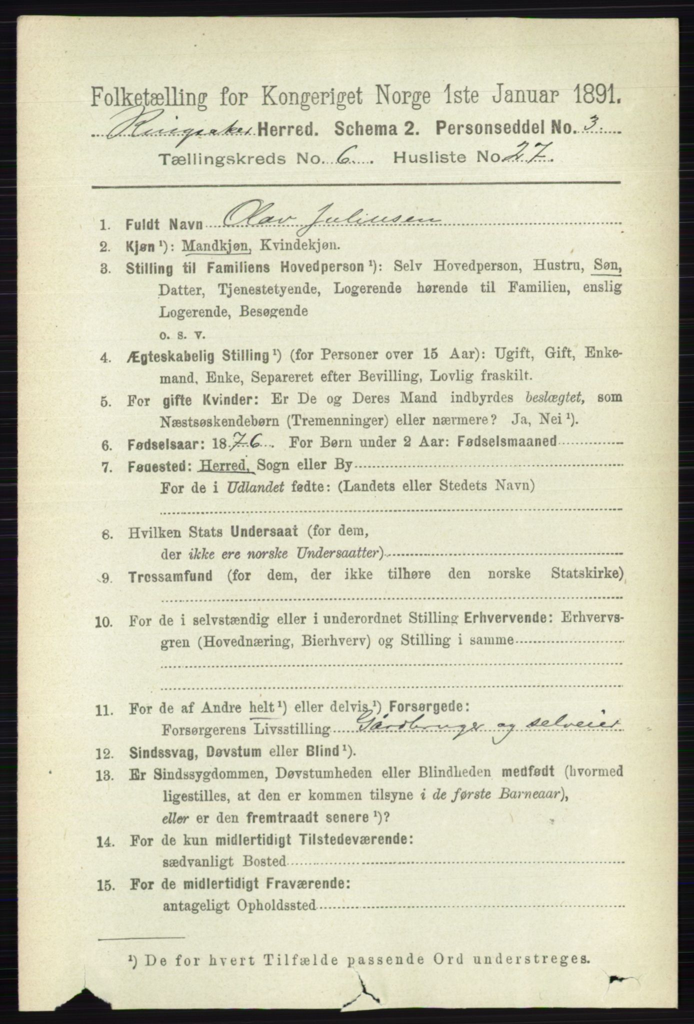 RA, 1891 census for 0412 Ringsaker, 1891, p. 3337