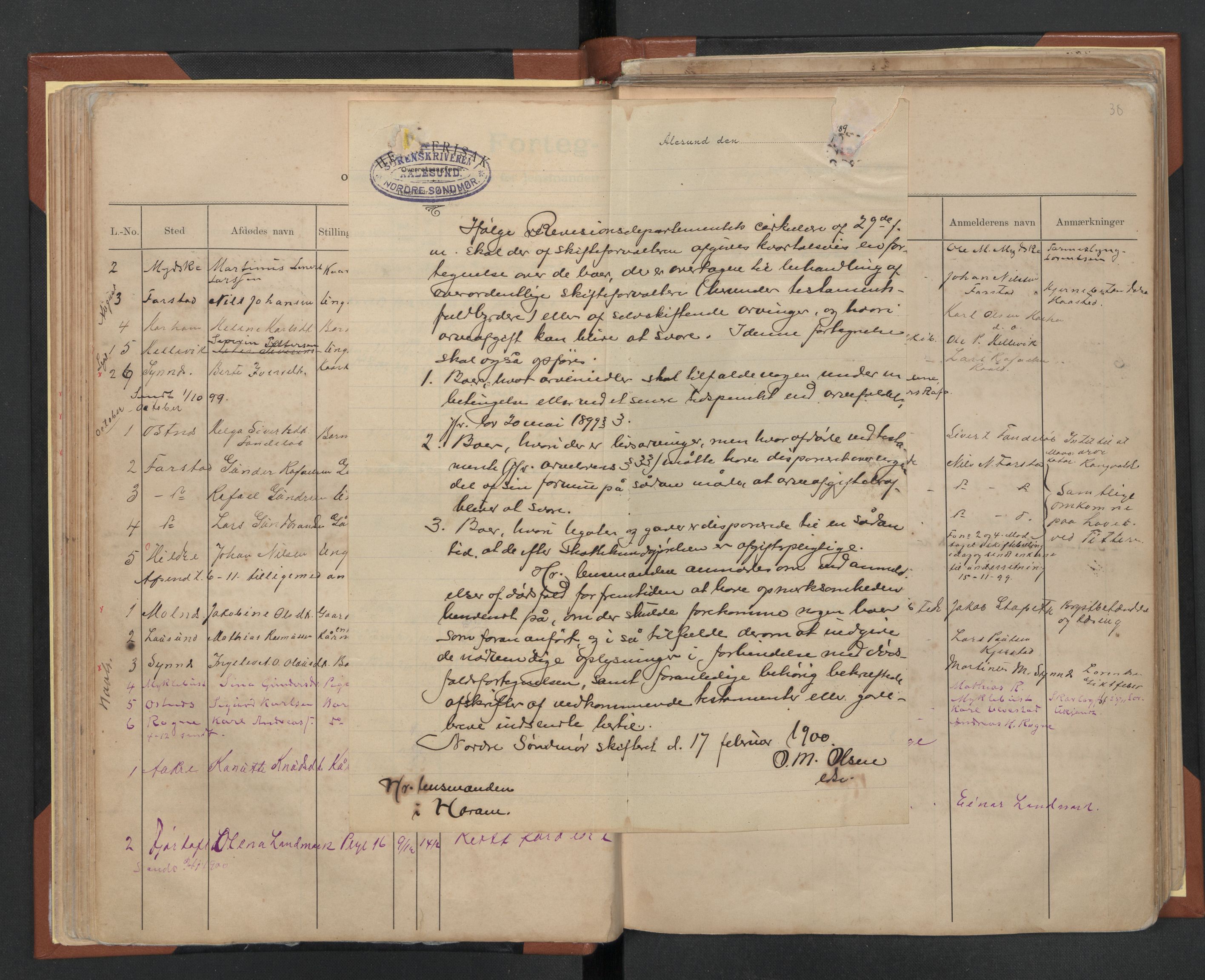 Haram lensmannskontor, AV/SAT-A-1101/02/L0001: 2.1.01 Dødsfallsmeldingsbok, 1879-1924