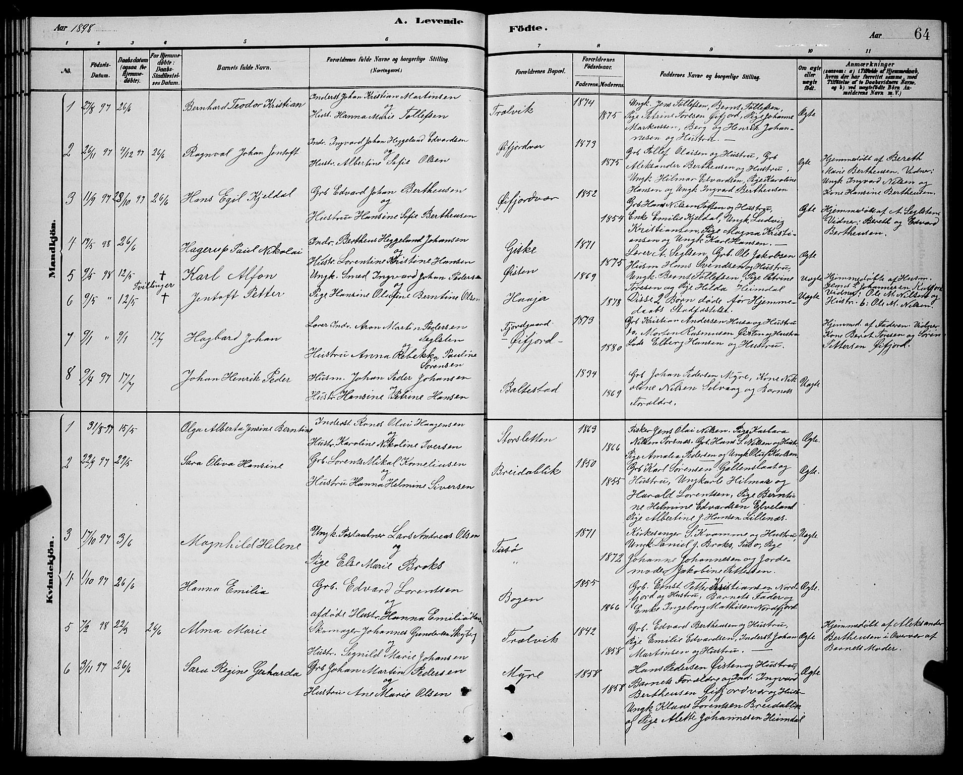 Lenvik sokneprestembete, SATØ/S-1310/H/Ha/Hab/L0021klokker: Parish register (copy) no. 21, 1884-1900, p. 64