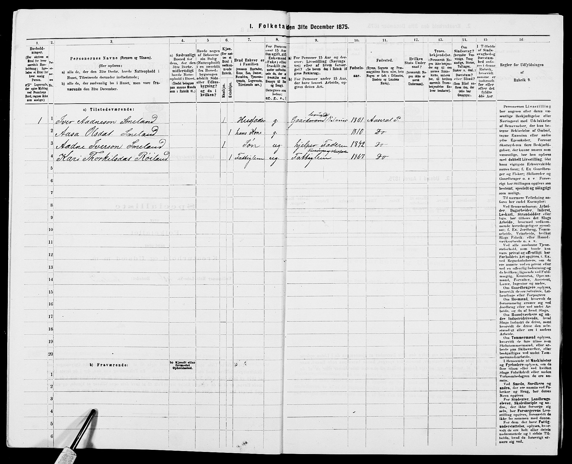 SAK, 1875 census for 0980P Åseral, 1875, p. 138