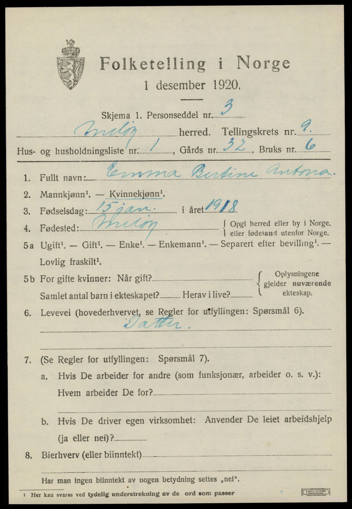 SAT, 1920 census for Meløy, 1920, p. 4407