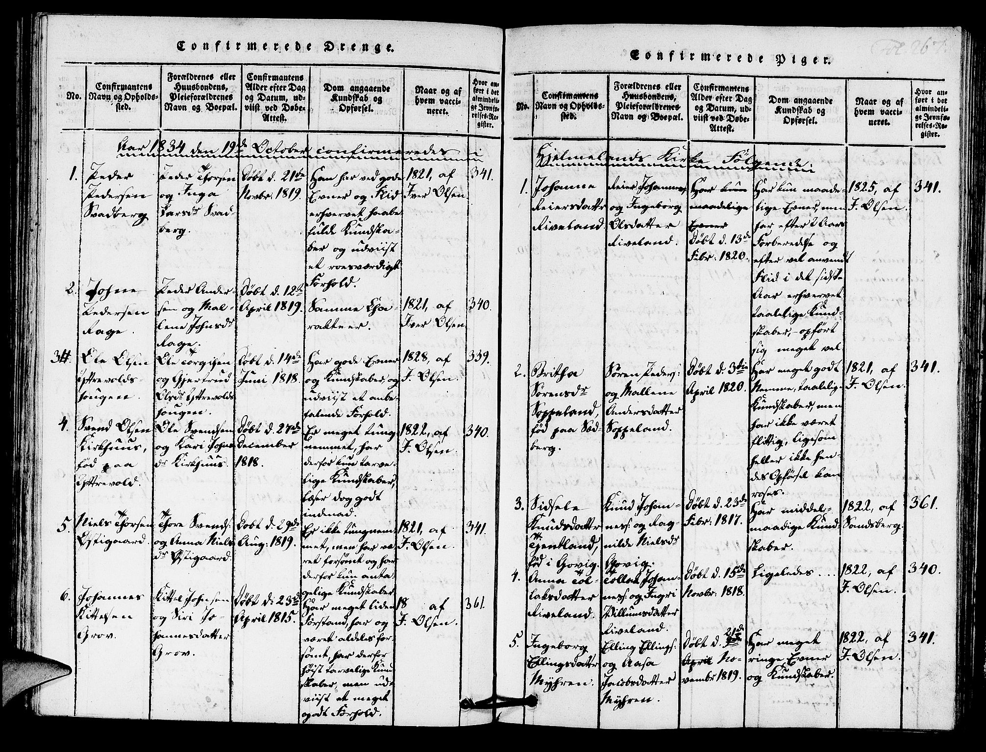 Hjelmeland sokneprestkontor, AV/SAST-A-101843/01/IV/L0005: Parish register (official) no. A 5, 1816-1841, p. 267